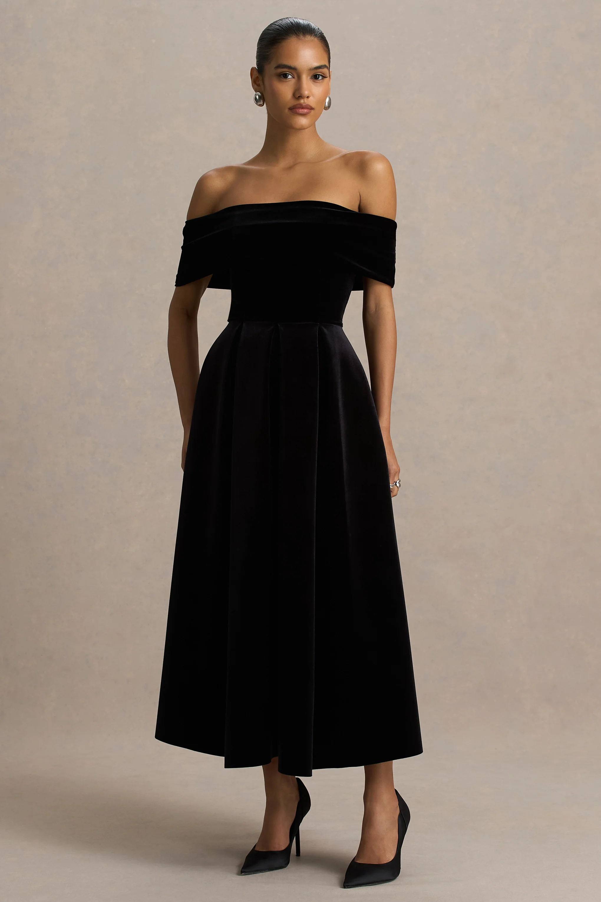 Ablaze | Black Velvet Bardot-Neck Midi Dress - Image 5