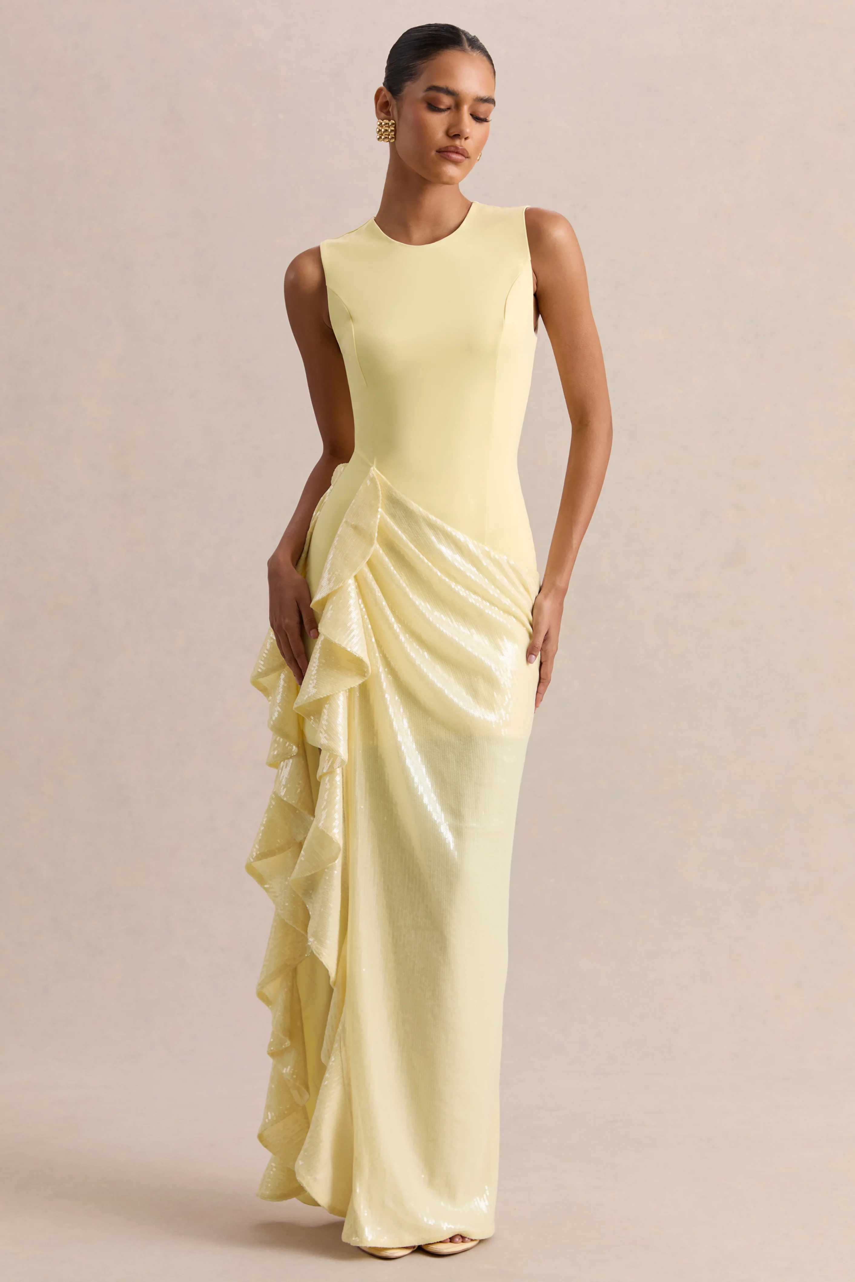 Ada | Lemon Crew-Neck Maxi Dress With Sheer Skirt And Ruffled Detailing - Image 5