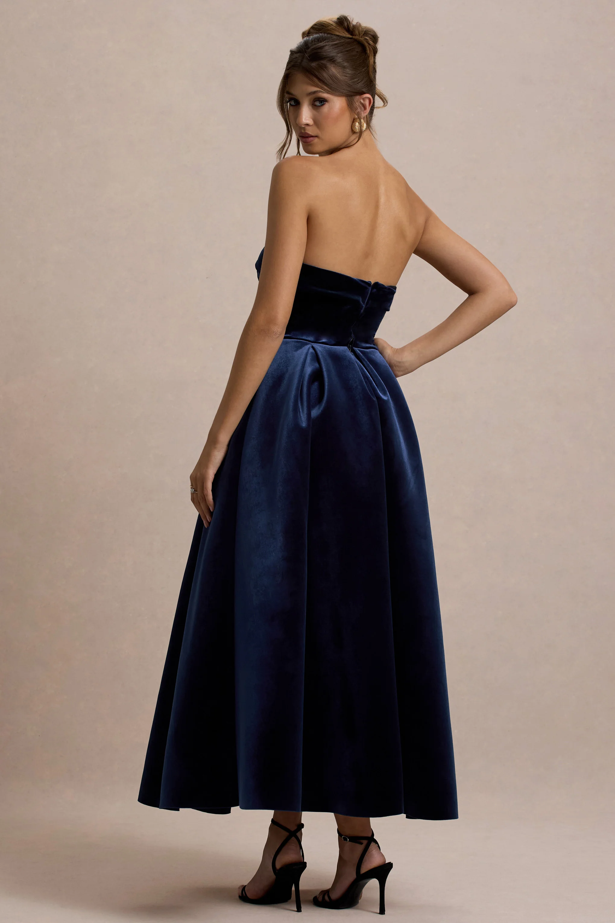 Addina | Navy Velvet Bandeau Skater Midi Dress - Image 2