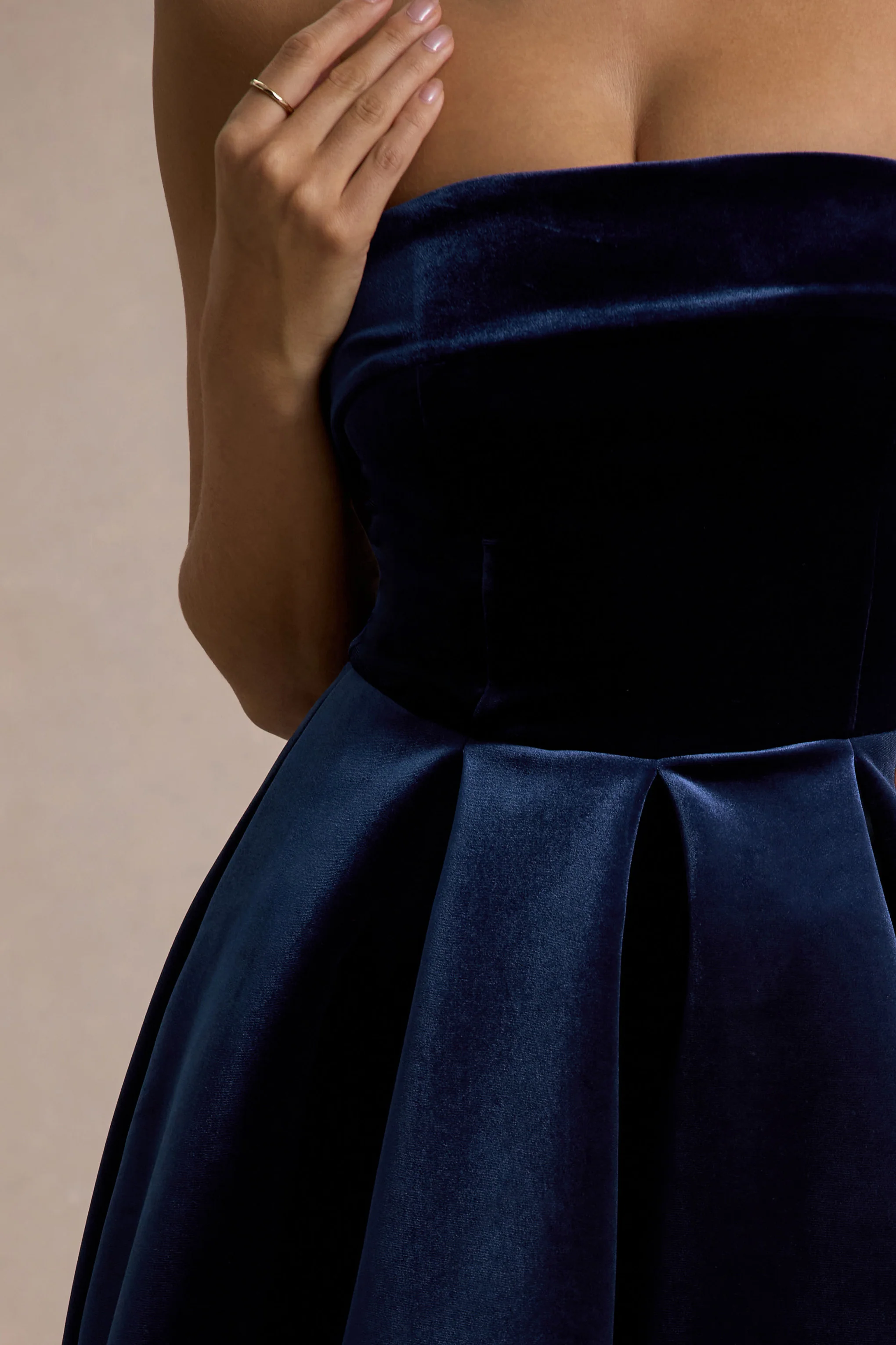Addina | Navy Velvet Bandeau Skater Midi Dress - Image 7