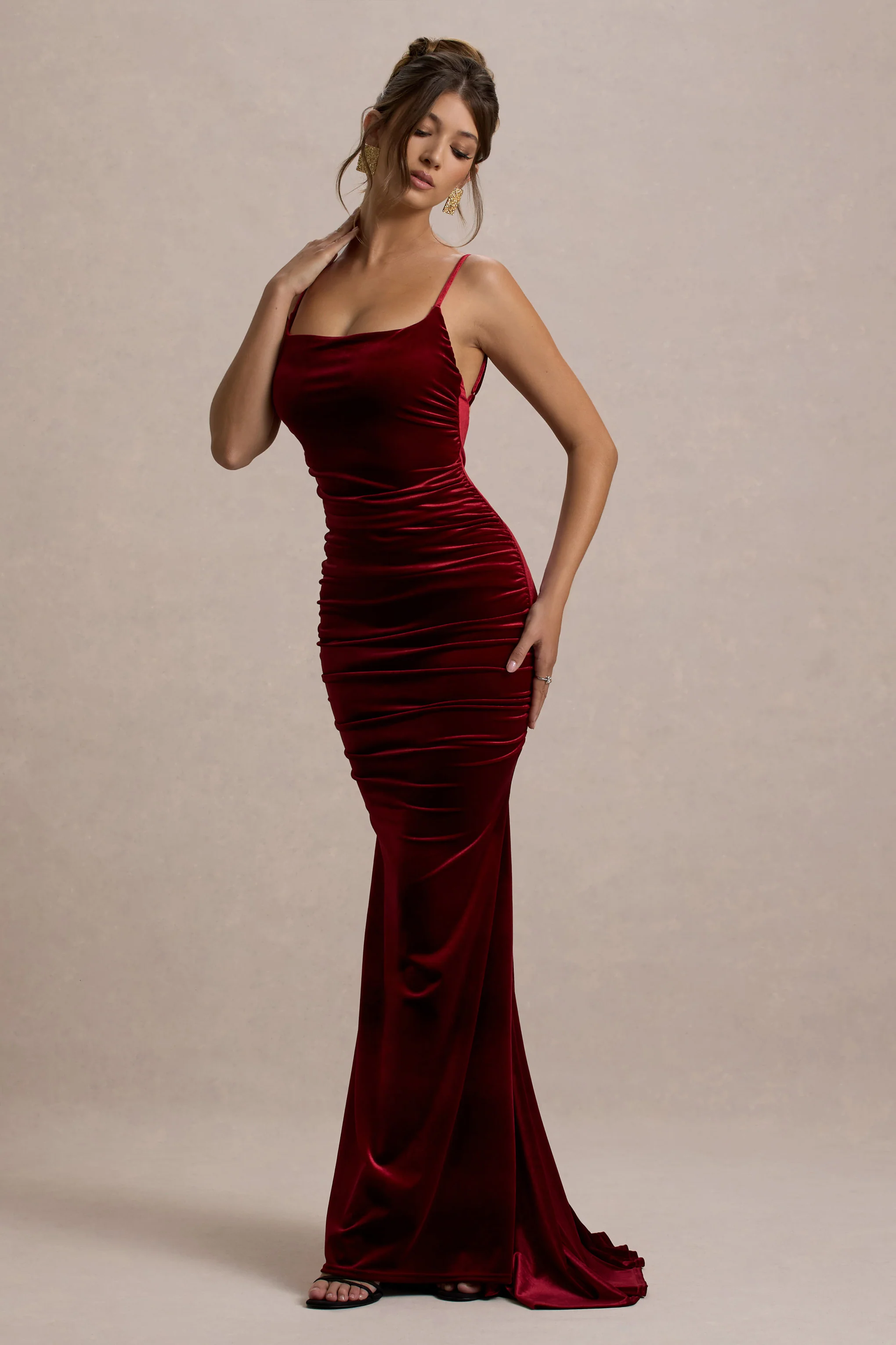 Adele | Berry Velvet Ruched Strappy Fishtail Maxi Dress - Image 2
