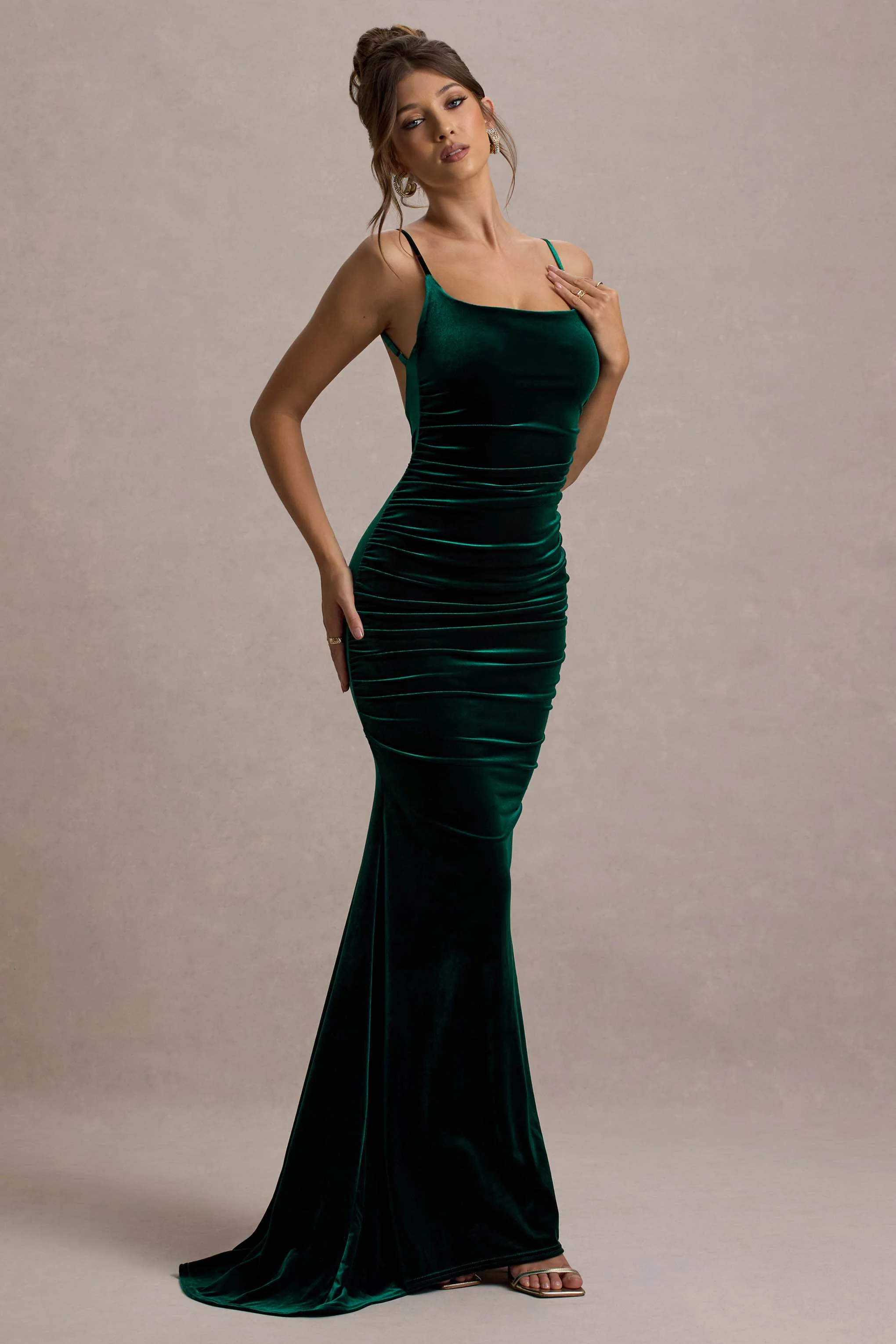 Adele | Bottle Green Velvet Ruched Strappy Fishtail Maxi Dress - Image 5