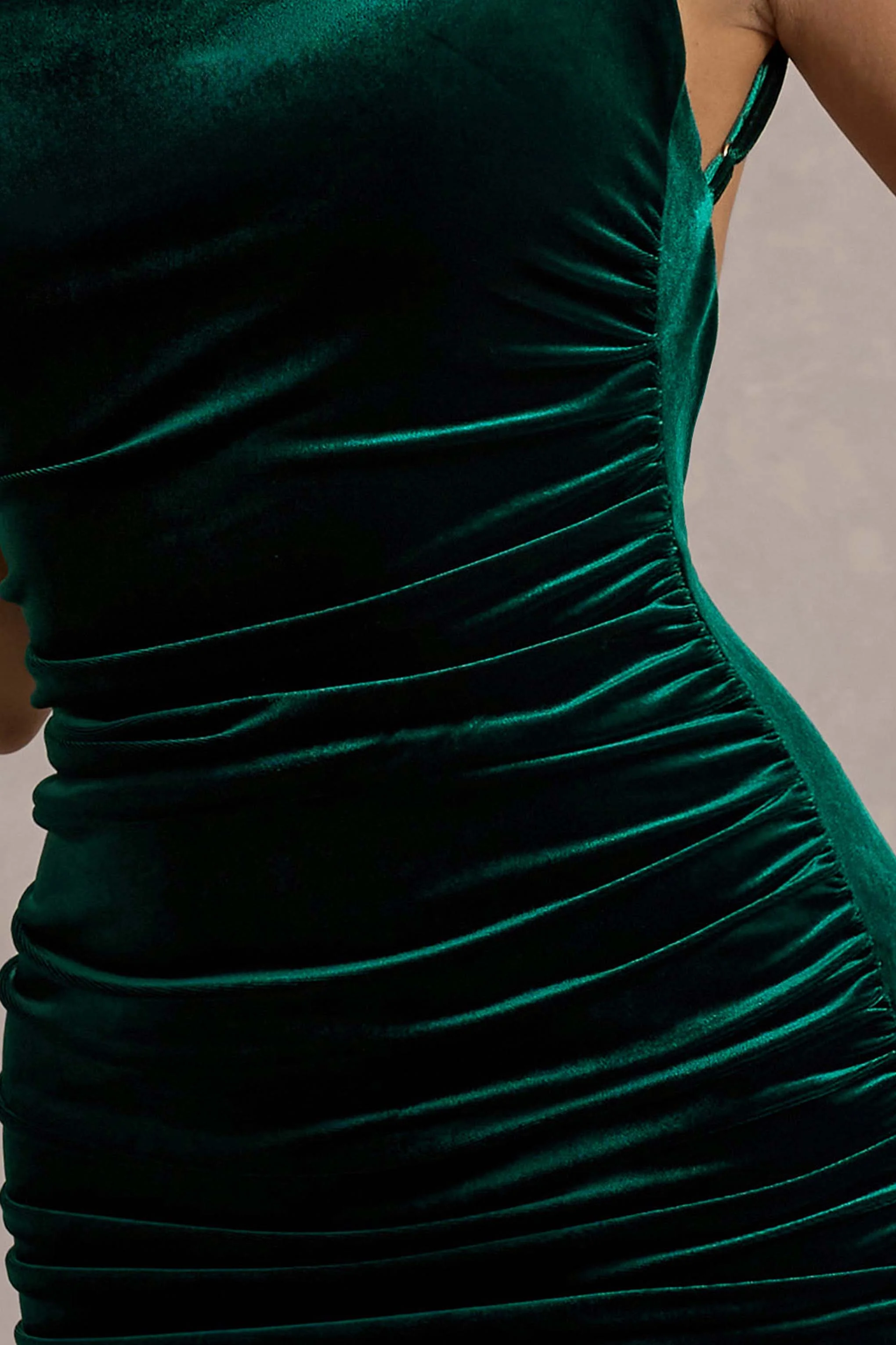 Adele | Bottle Green Velvet Ruched Strappy Fishtail Maxi Dress - Image 7