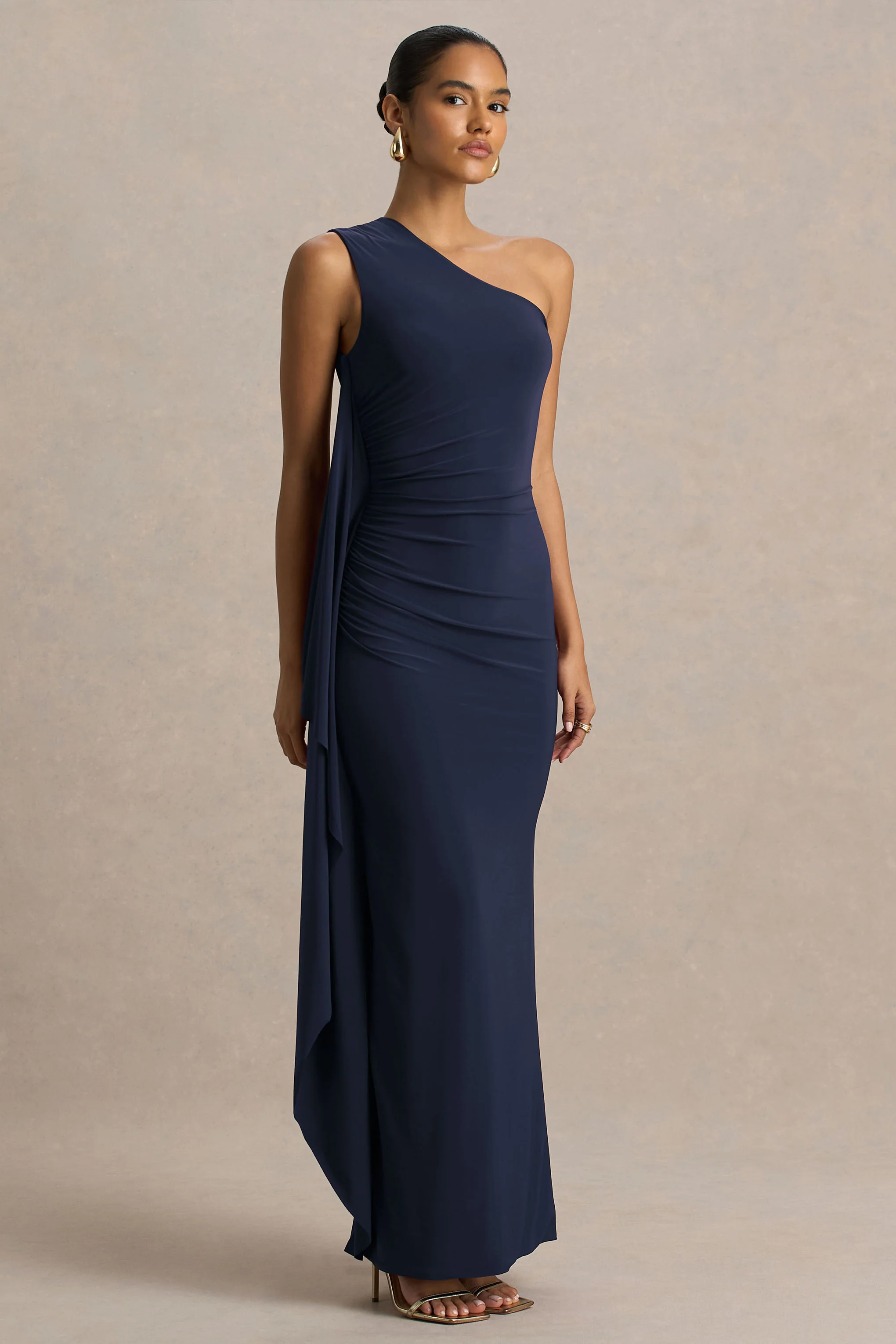 Adelina | Navy One-Shoulder Maxi Dress With Drape - Image 3