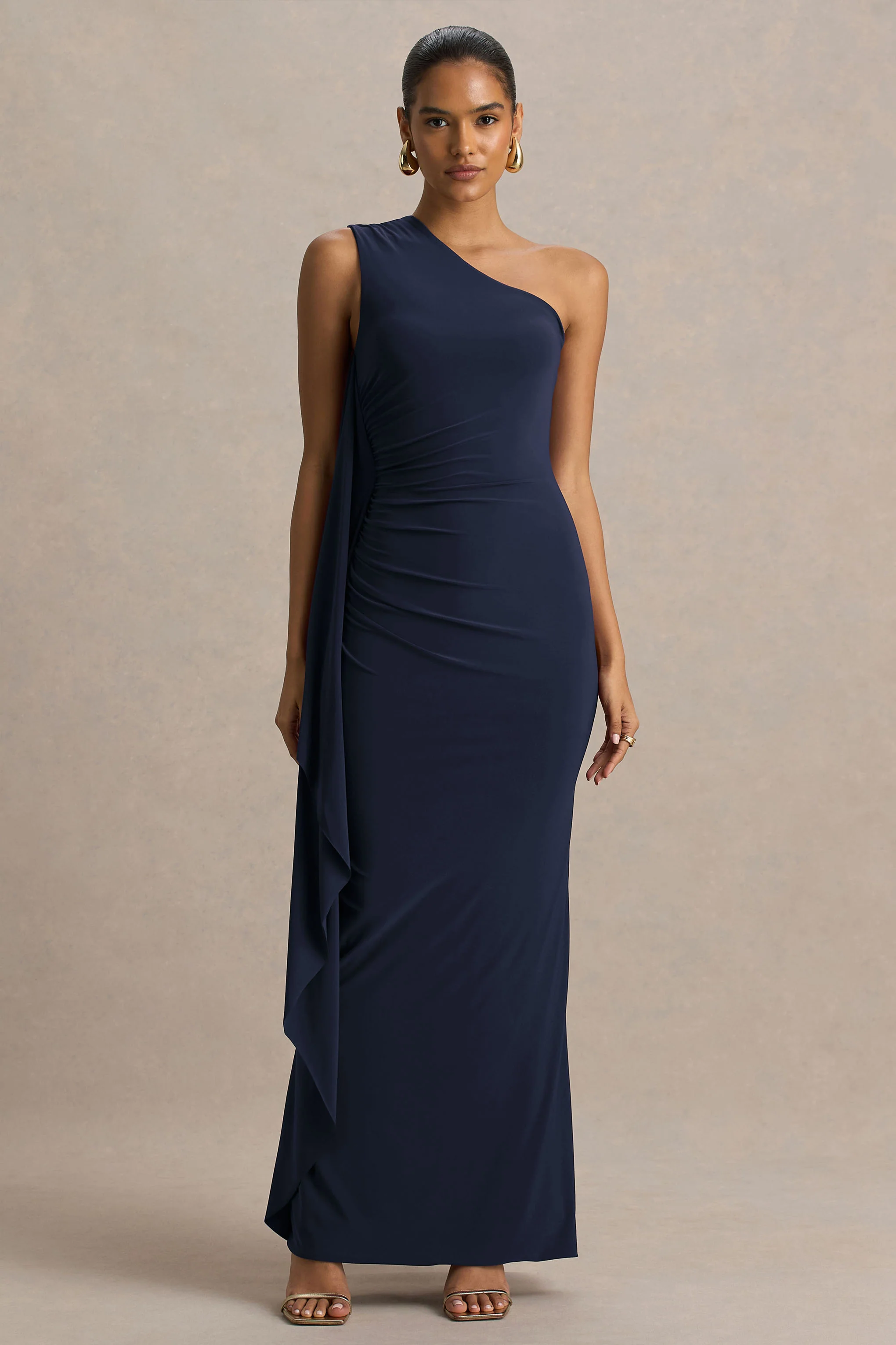Adelina | Navy One-Shoulder Maxi Dress With Drape - Image 4