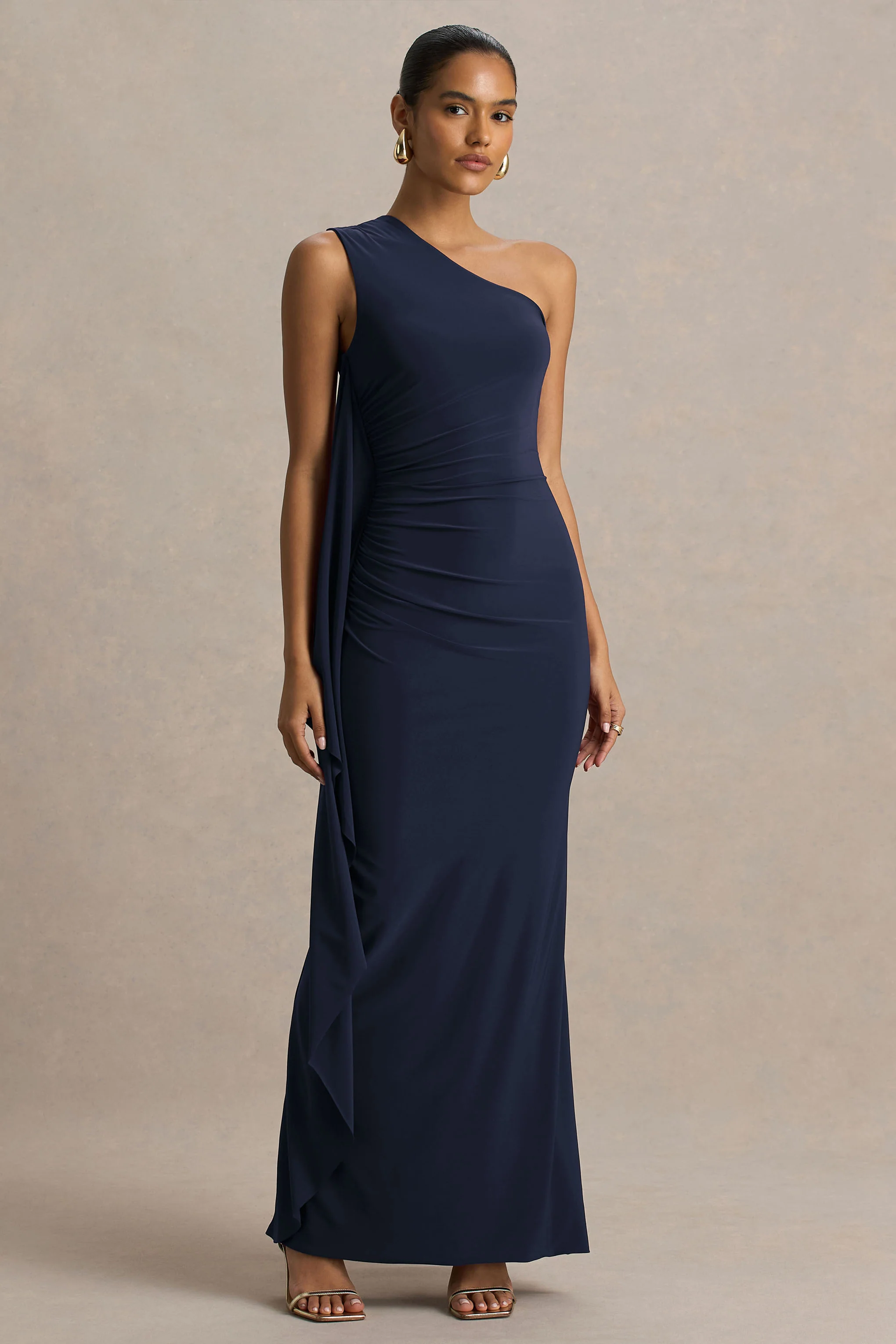 Adelina | Navy One-Shoulder Maxi Dress With Drape - Image 6