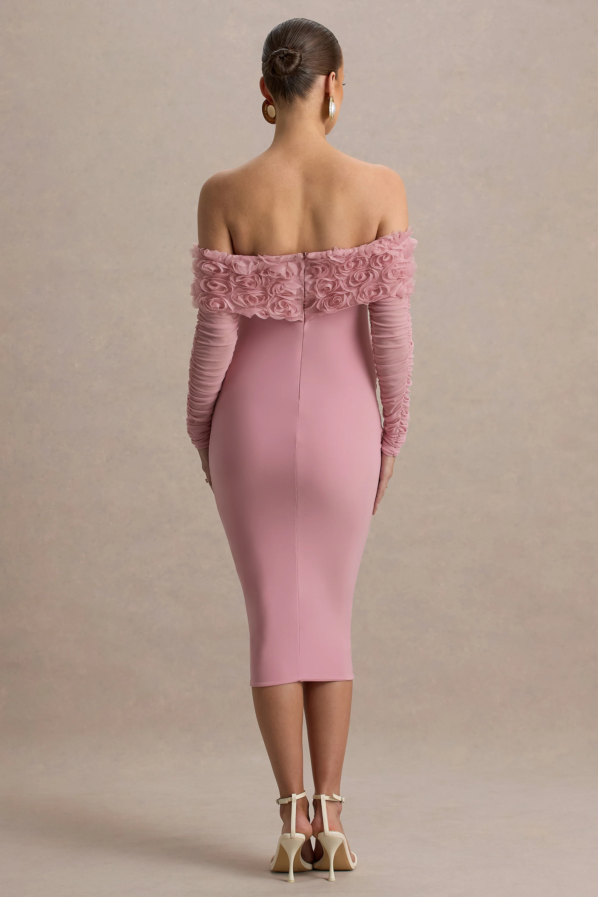 Adita | Blush Pink Mesh Floral Bardot Maternity Midi Dress - Image 4