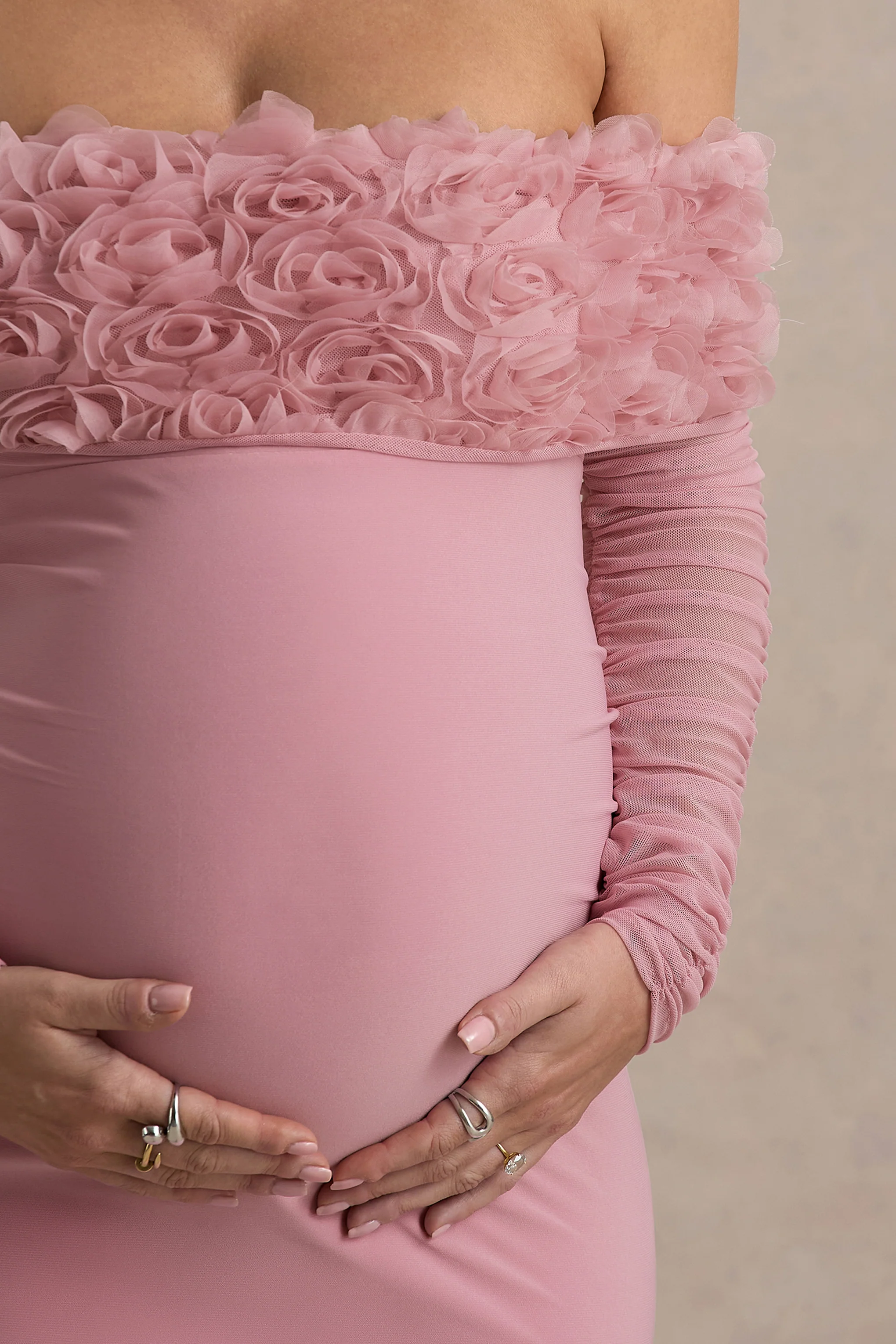 Adita | Blush Pink Mesh Floral Bardot Maternity Midi Dress - Image 7