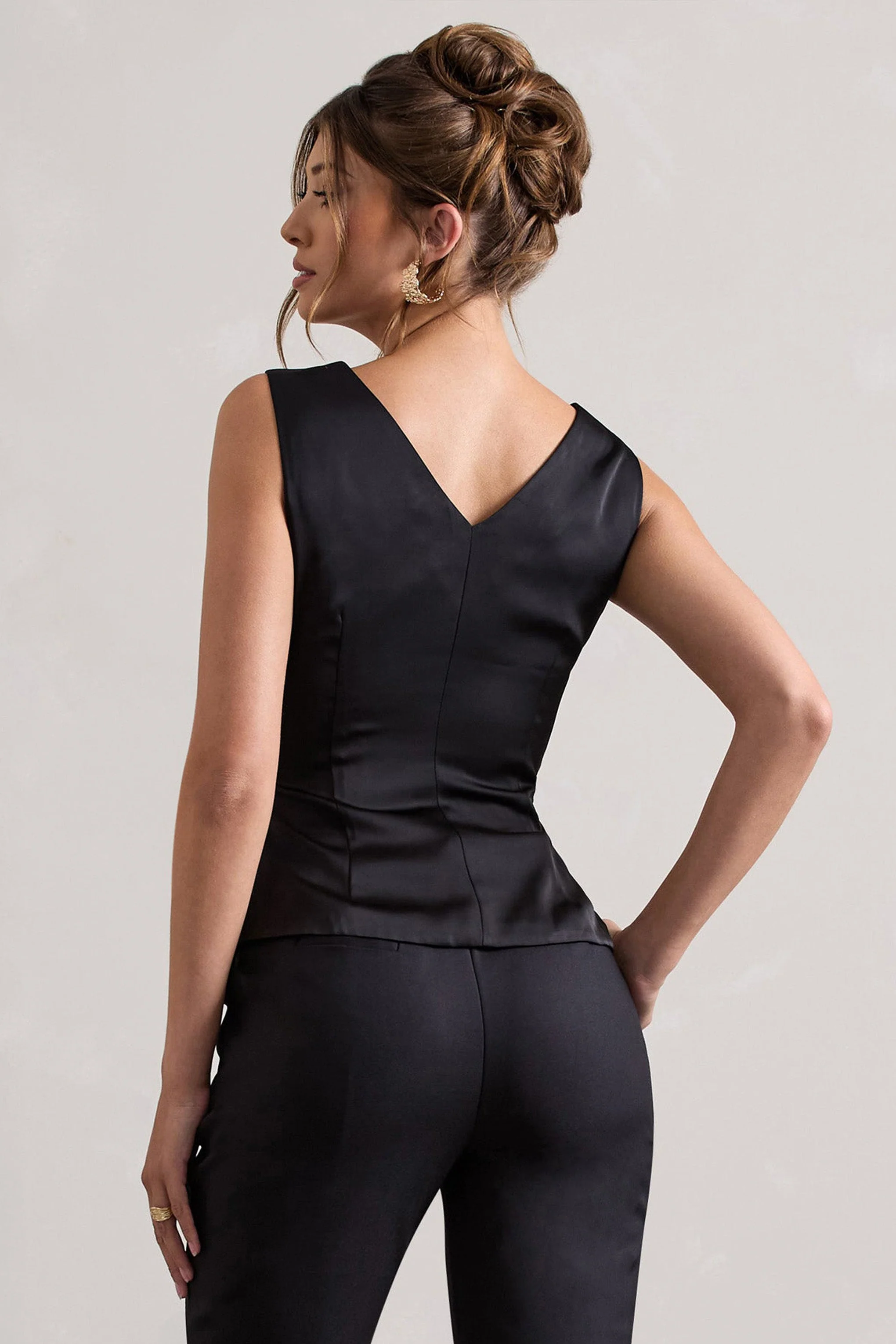 Adoration | Black Satin Plunge-Neck Top With Bow - Image 2
