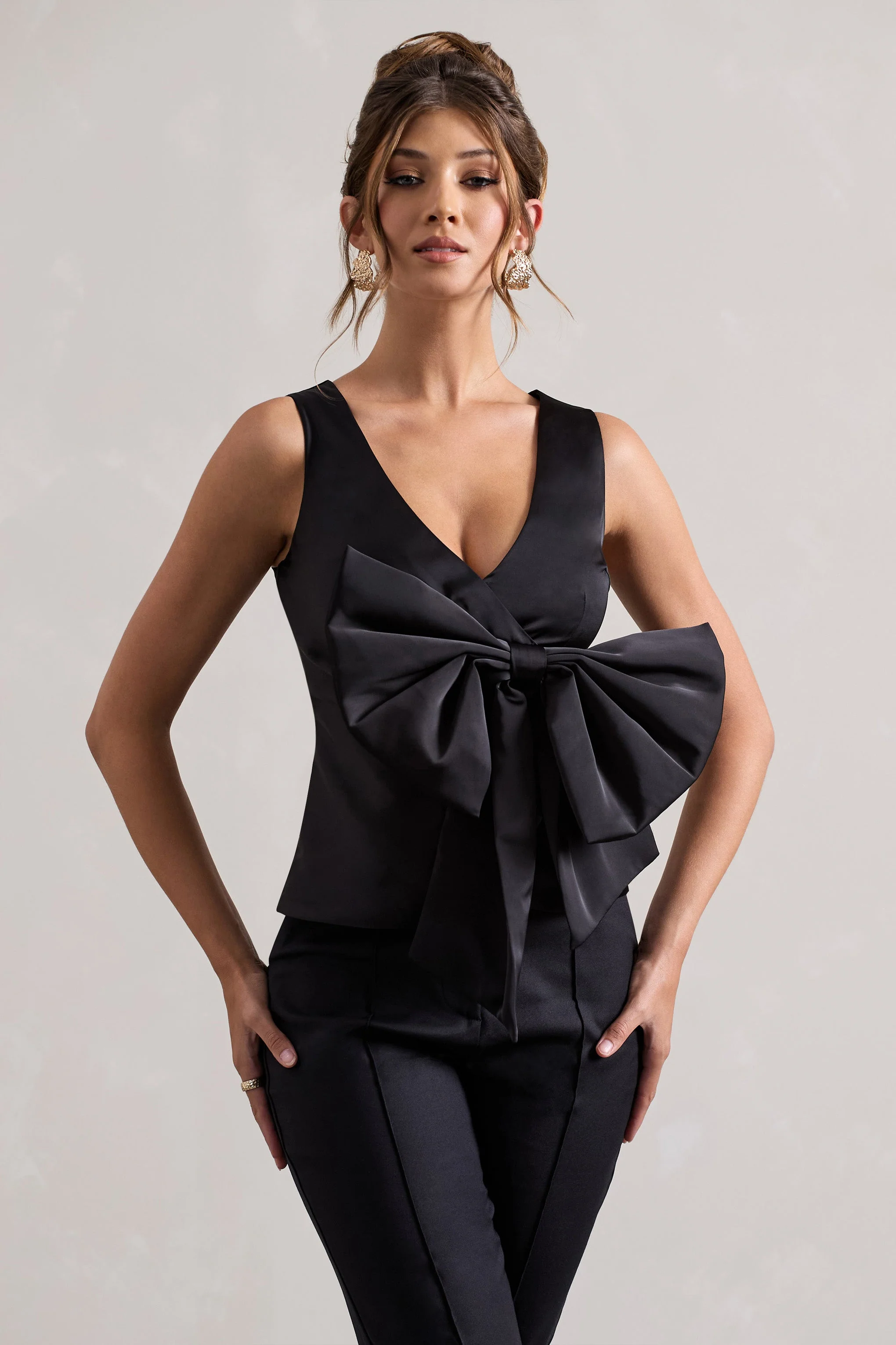 Adoration | Black Satin Plunge-Neck Top With Bow - Image 3