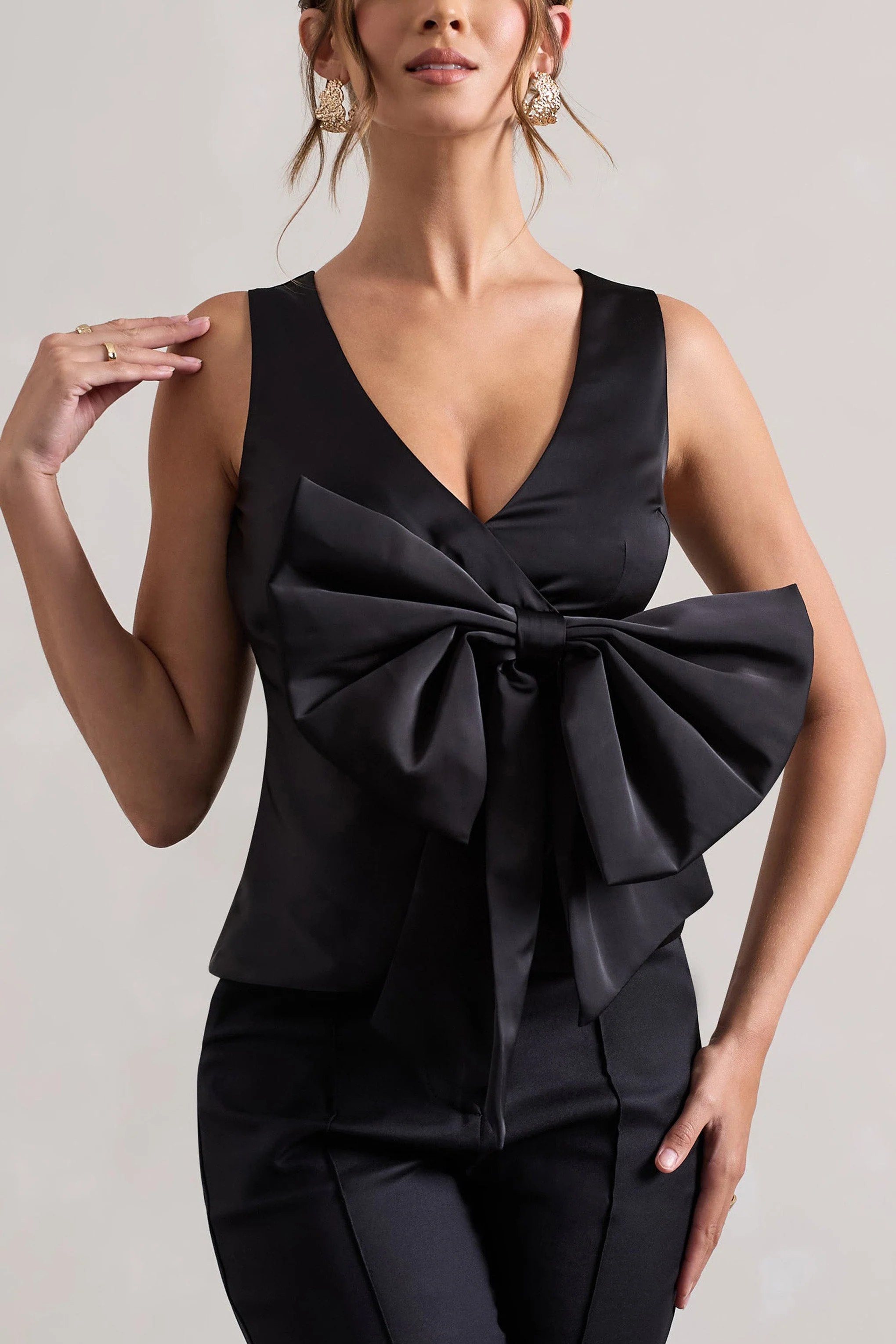 Adoration | Black Satin Plunge-Neck Top With Bow - Image 4