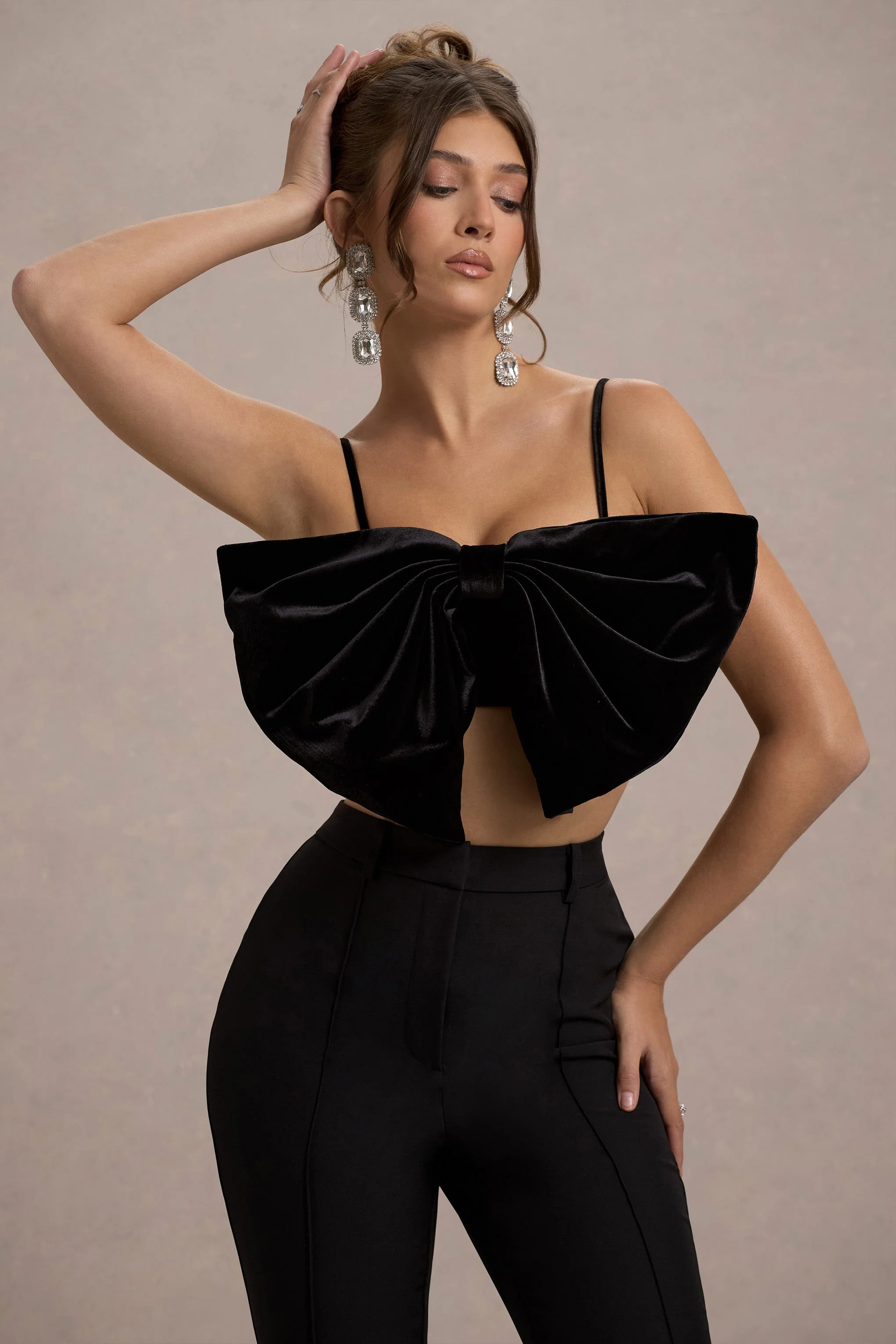Adya | Black Velvet Strappy Bow Crop Top - Image 3