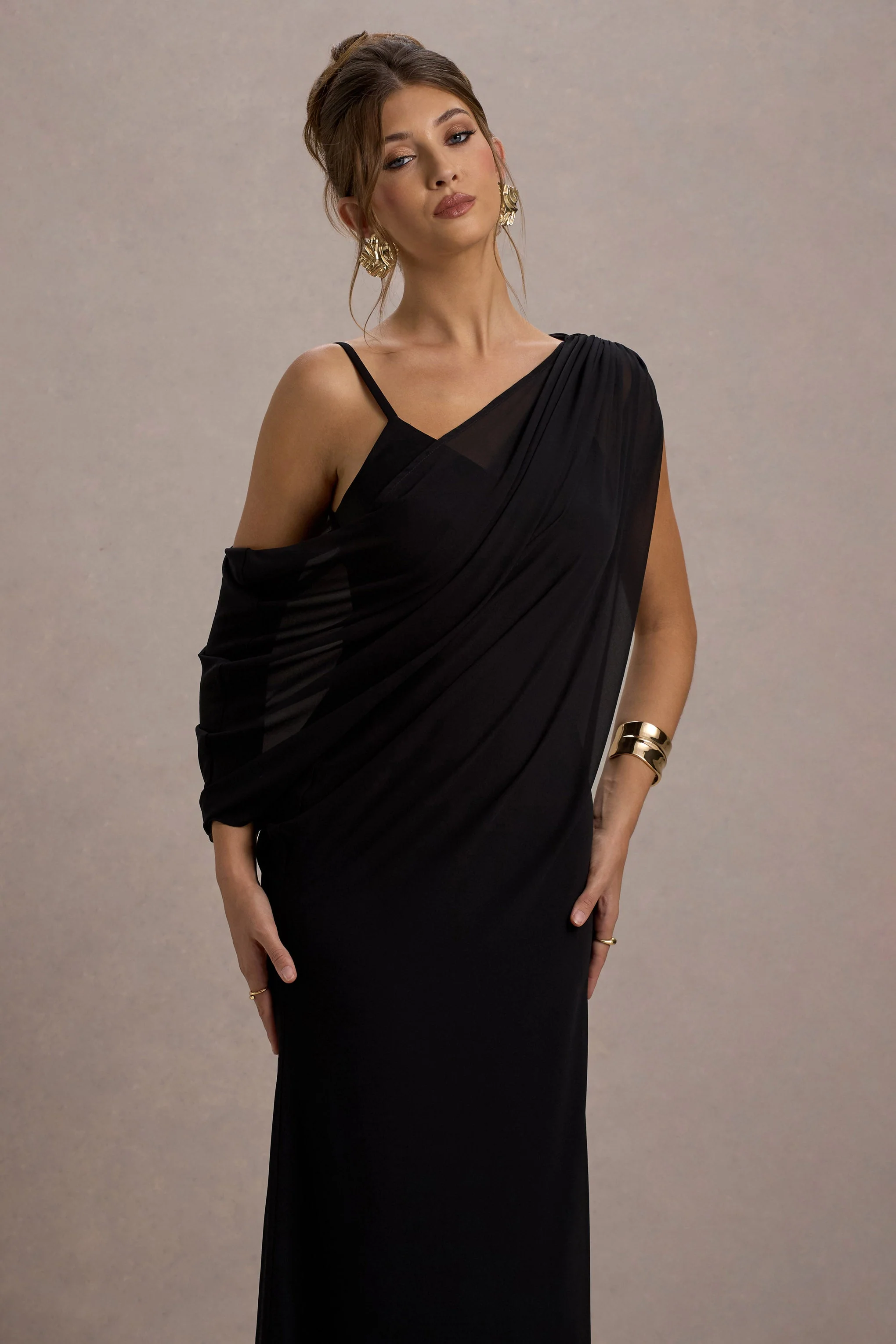Aeliana | Black Strappy V-Neck Maxi Dress With Chiffon Sash - Image 3