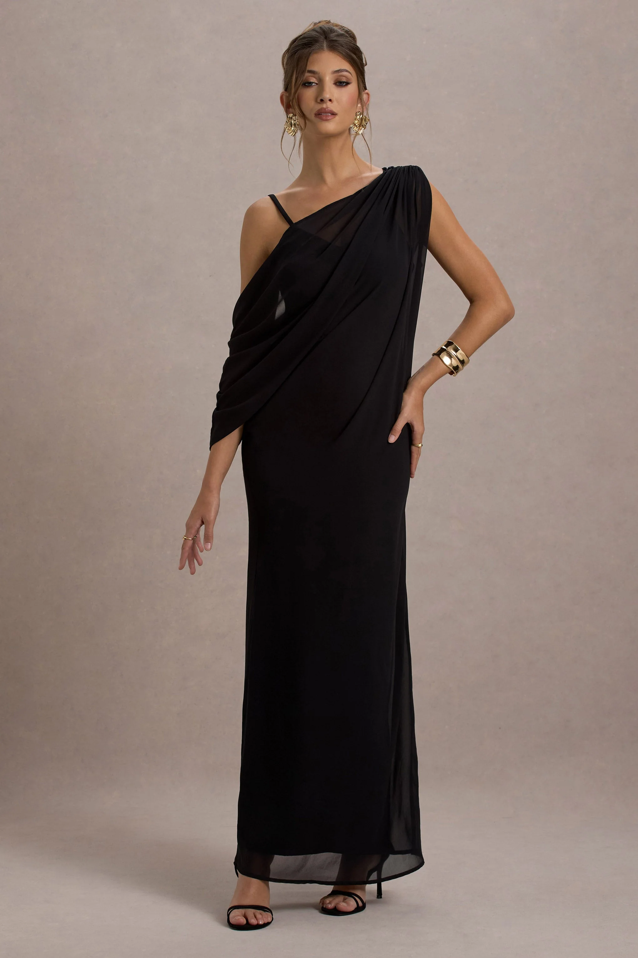 Aeliana | Black Strappy V-Neck Maxi Dress With Chiffon Sash - Image 4