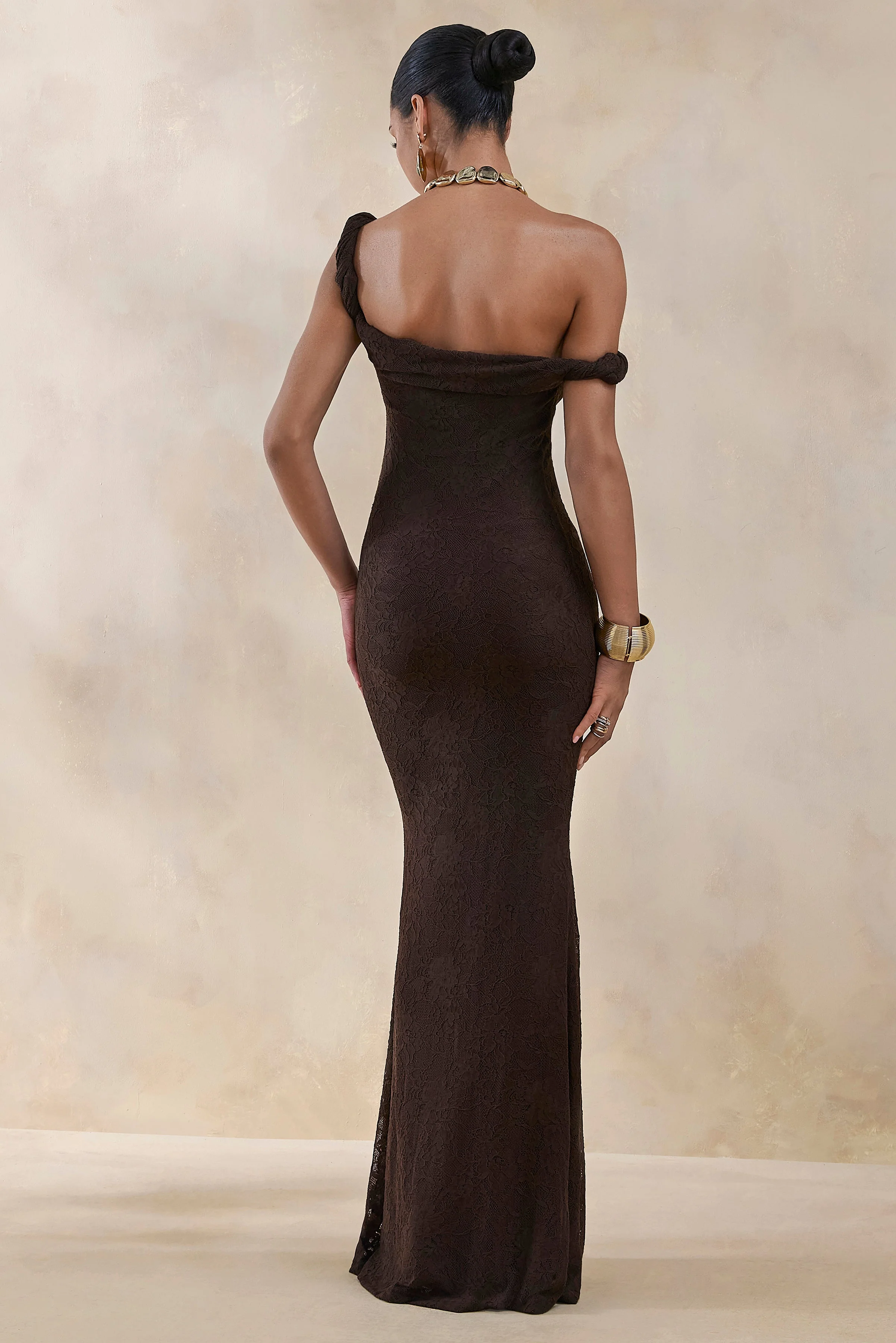 Afina | Brown Lace Asymmetric-Neck Maxi Dress - Image 3