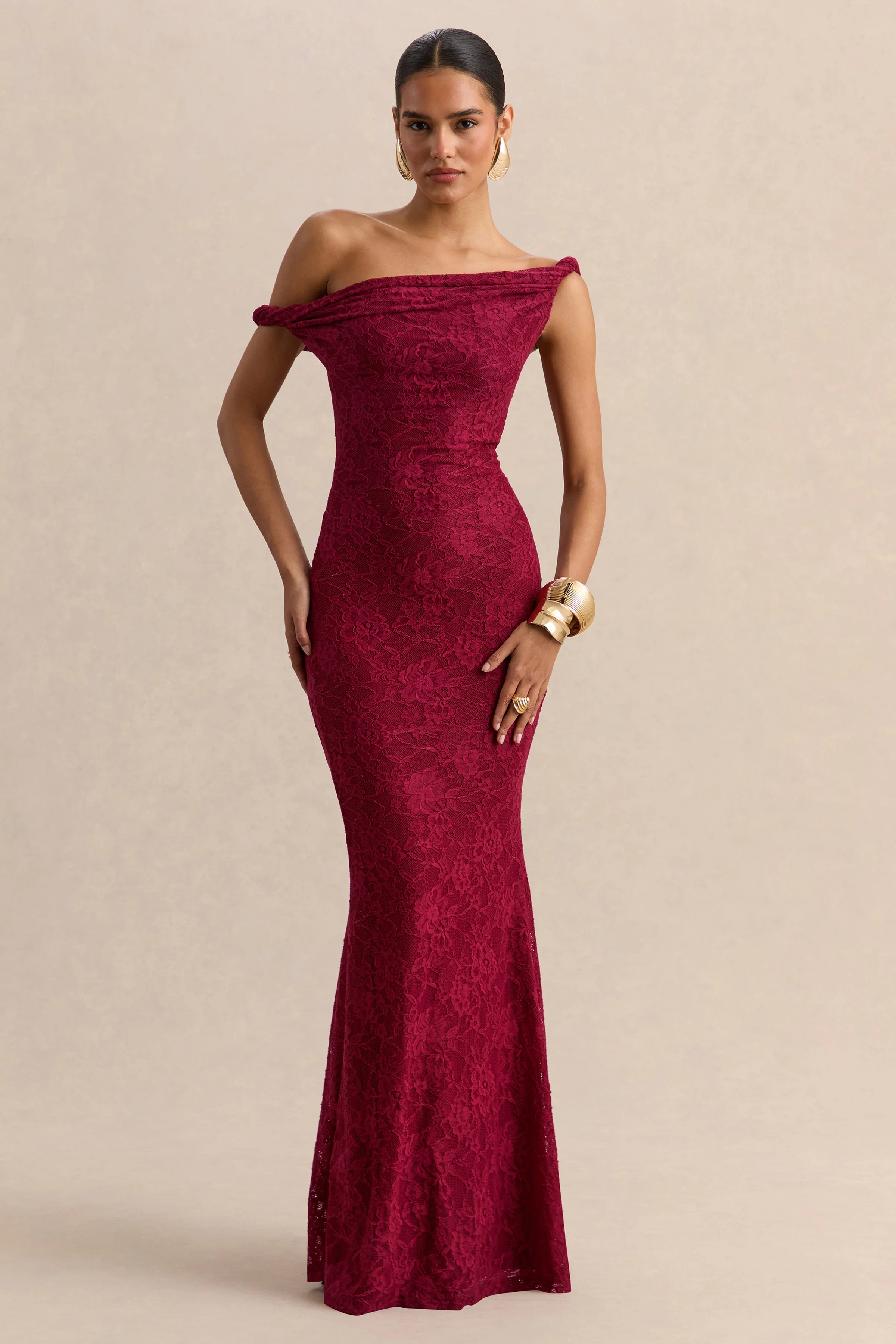 Afina | Burgundy Lace Asymmetric-Neck Maxi Dress
