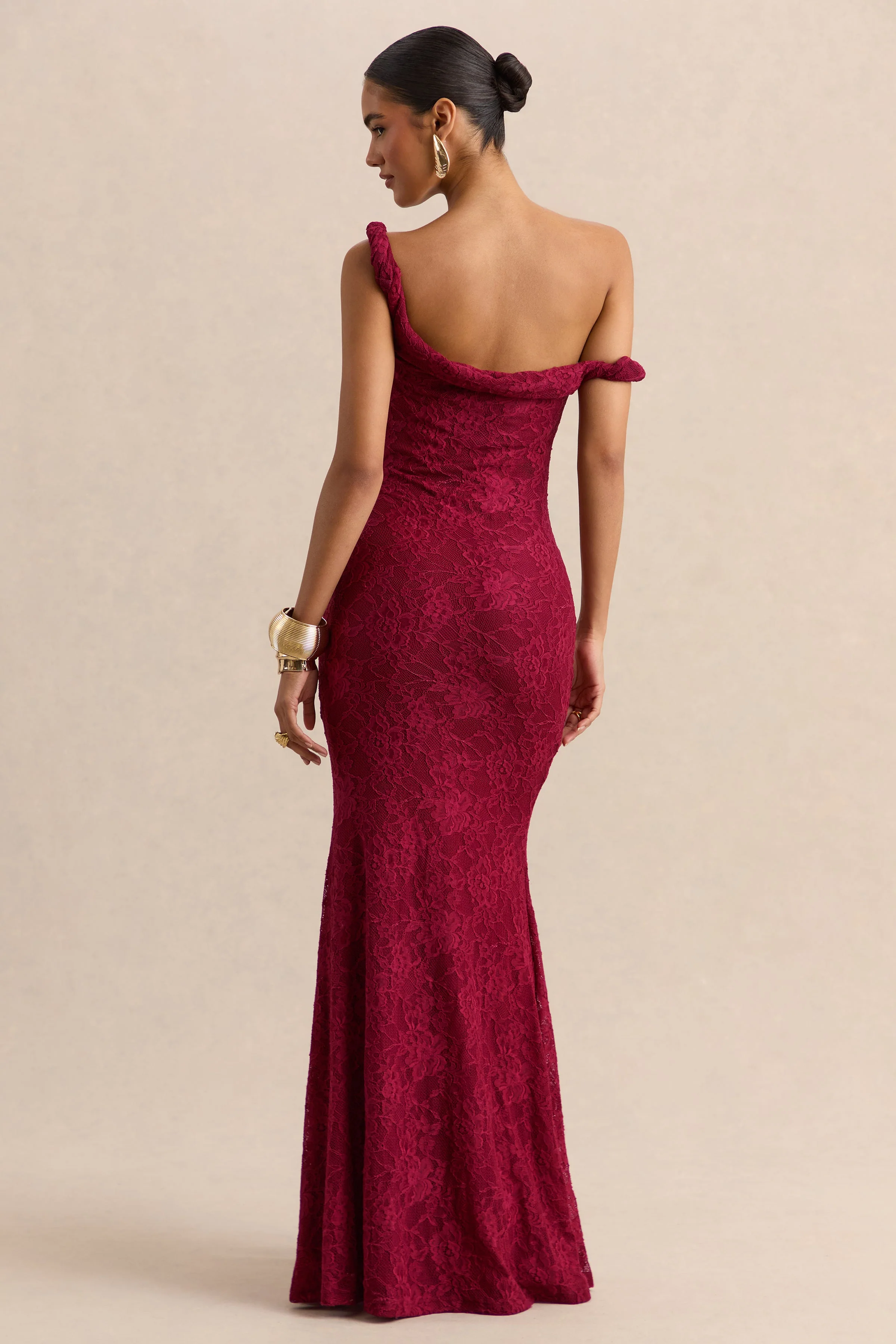 Afina | Burgundy Lace Asymmetric-Neck Maxi Dress - Image 2