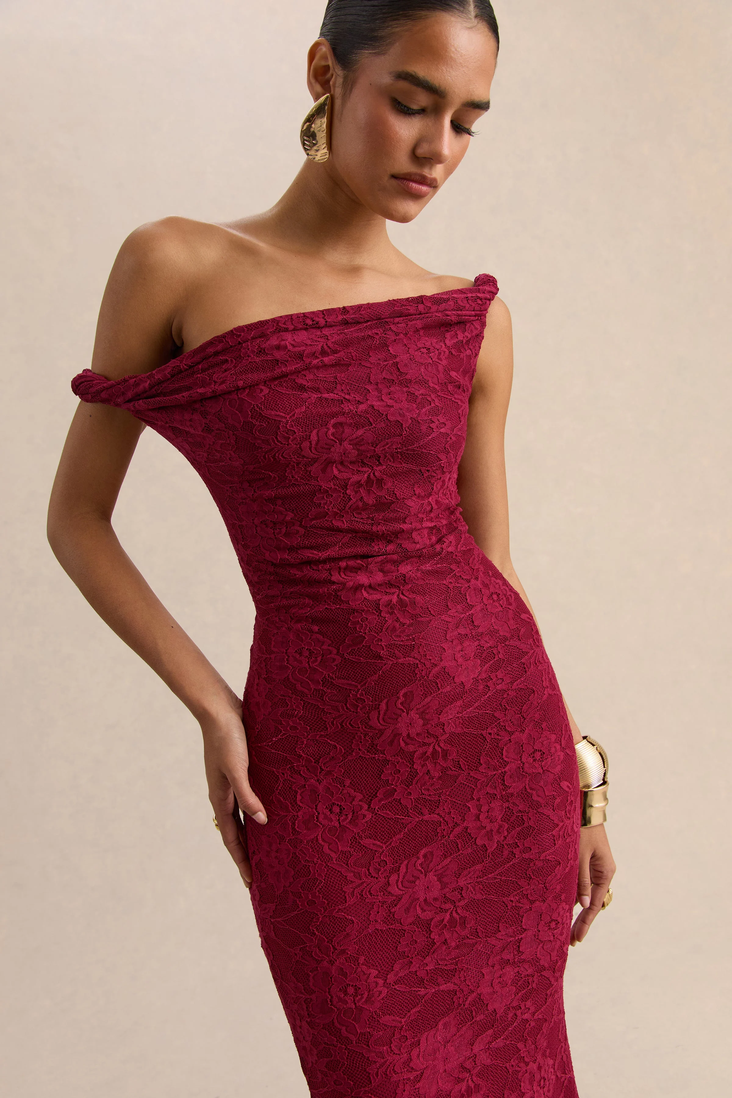 Afina | Burgundy Lace Asymmetric-Neck Maxi Dress - Image 5
