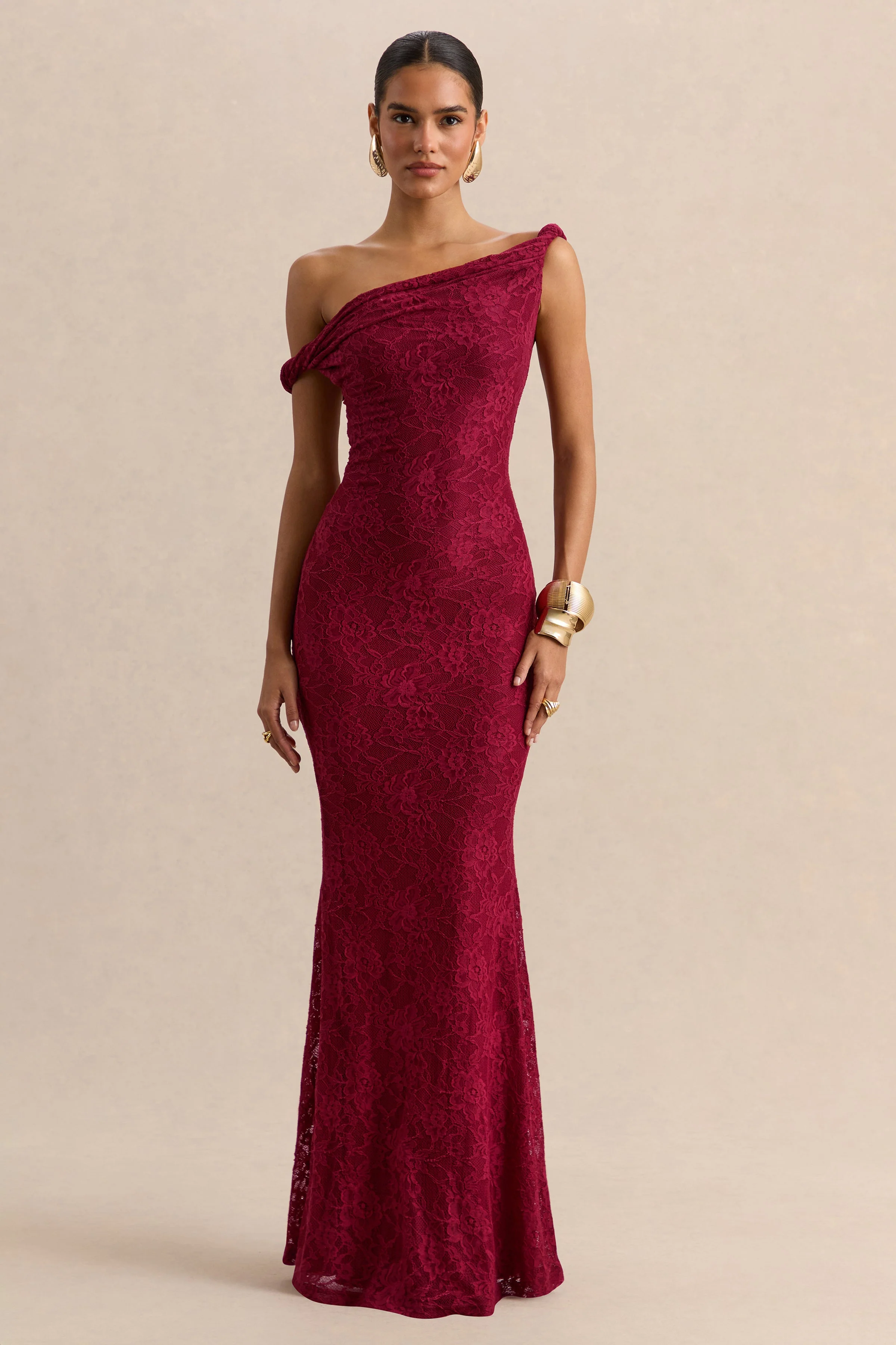 Afina | Burgundy Lace Asymmetric-Neck Maxi Dress - Image 6