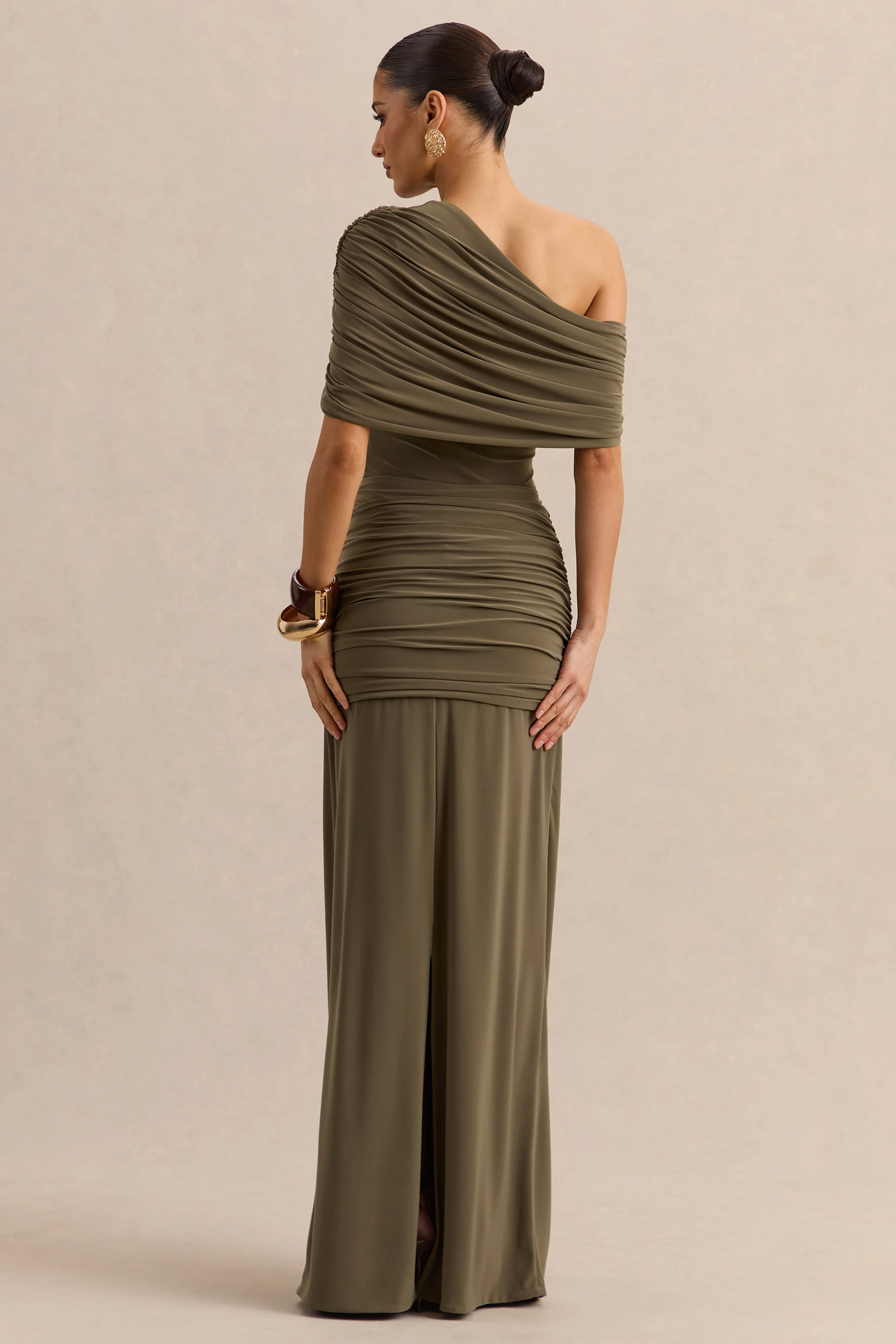 Afiya | Khaki Twisted Waist Maxi Skirt with Knot Detailing - Image 2
