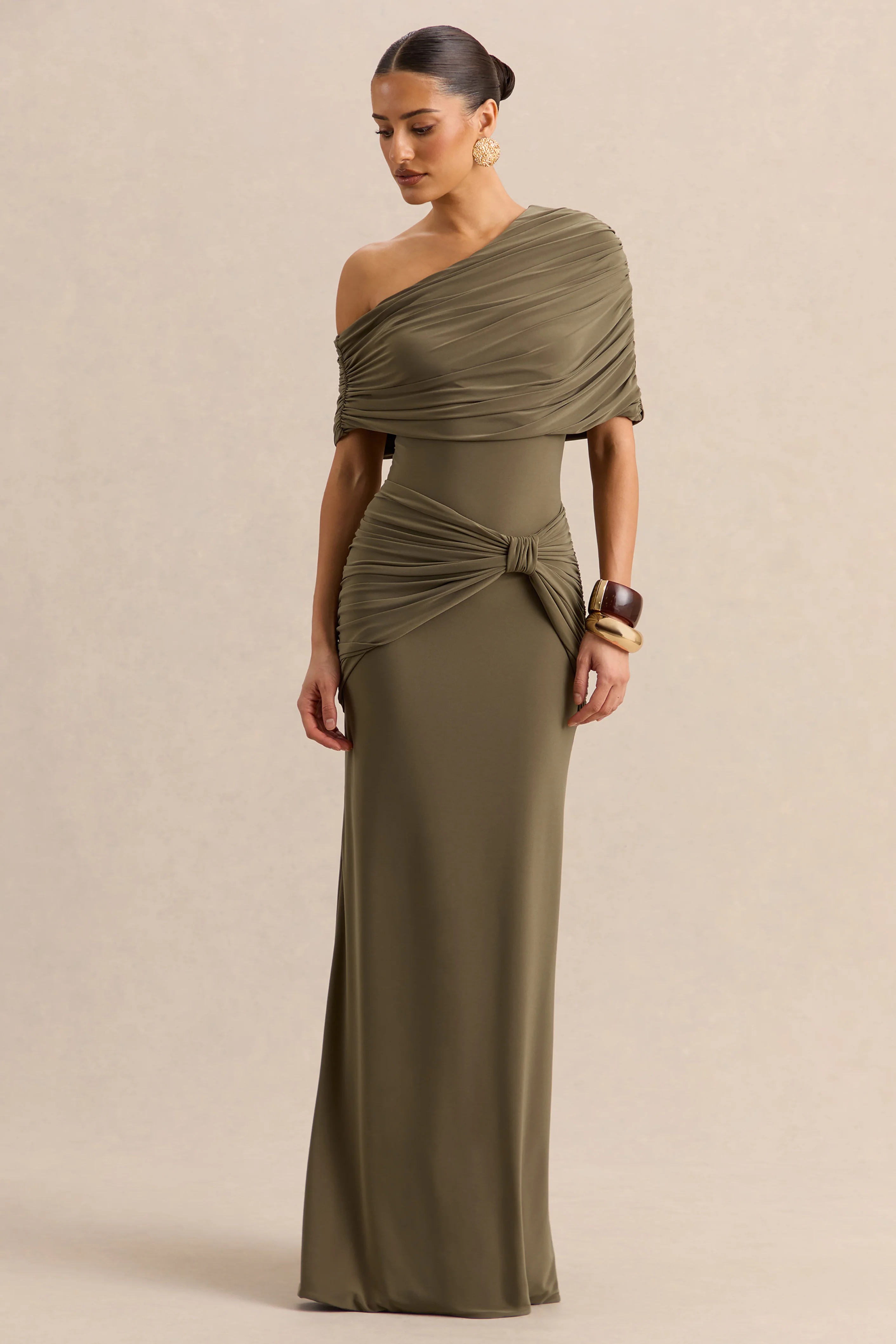 Afiya | Khaki Twisted Waist Maxi Skirt with Knot Detailing - Image 4