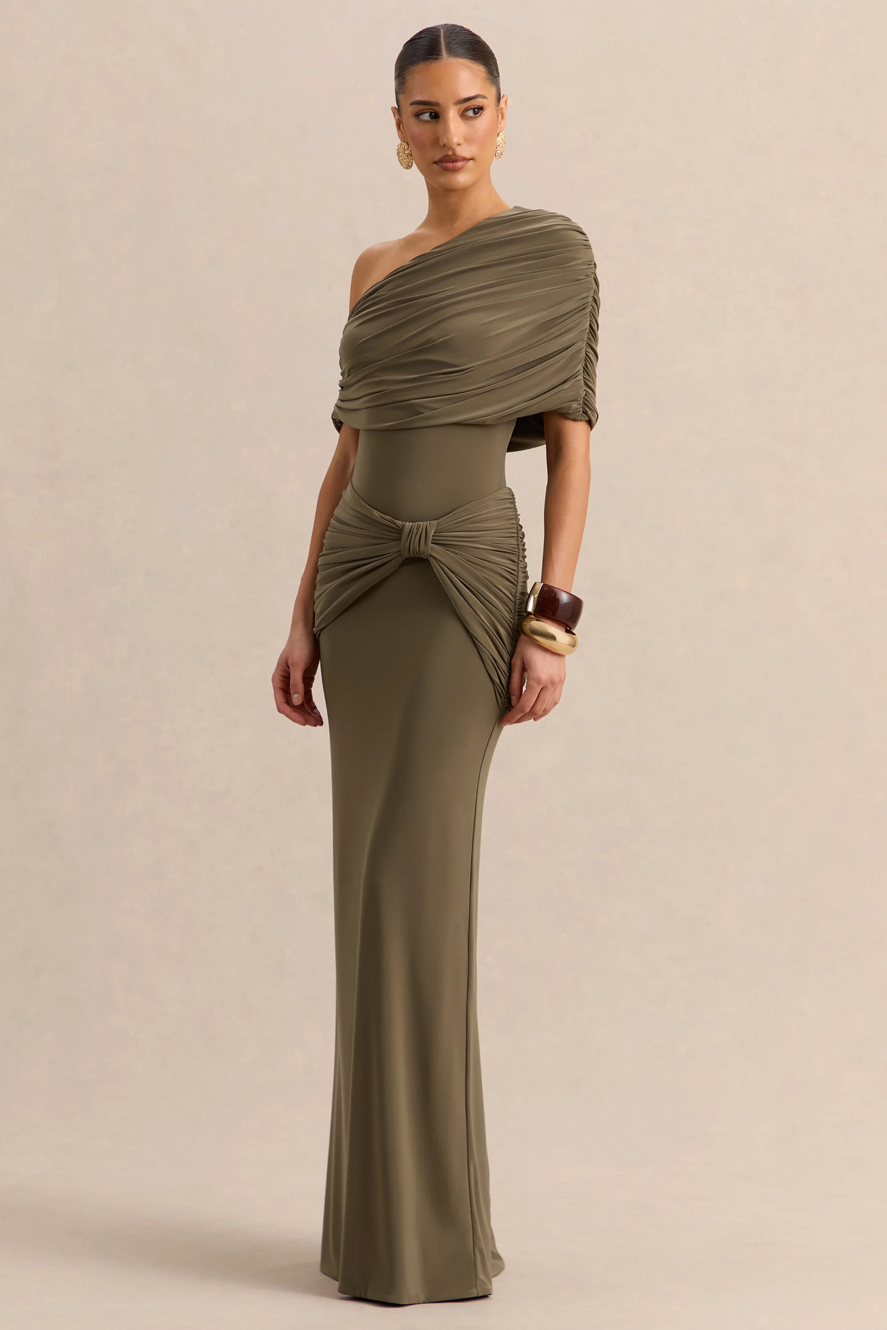 Afiya | Khaki Twisted Waist Maxi Skirt with Knot Detailing - Image 5