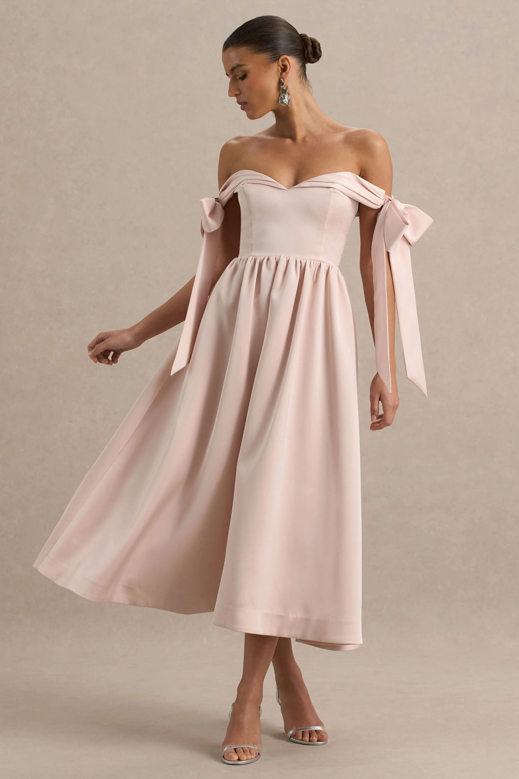 Agafay | Rose Pink Satin Short-Sleeve Bardot Wrap Midi Dress With Bow Detail - Image 2