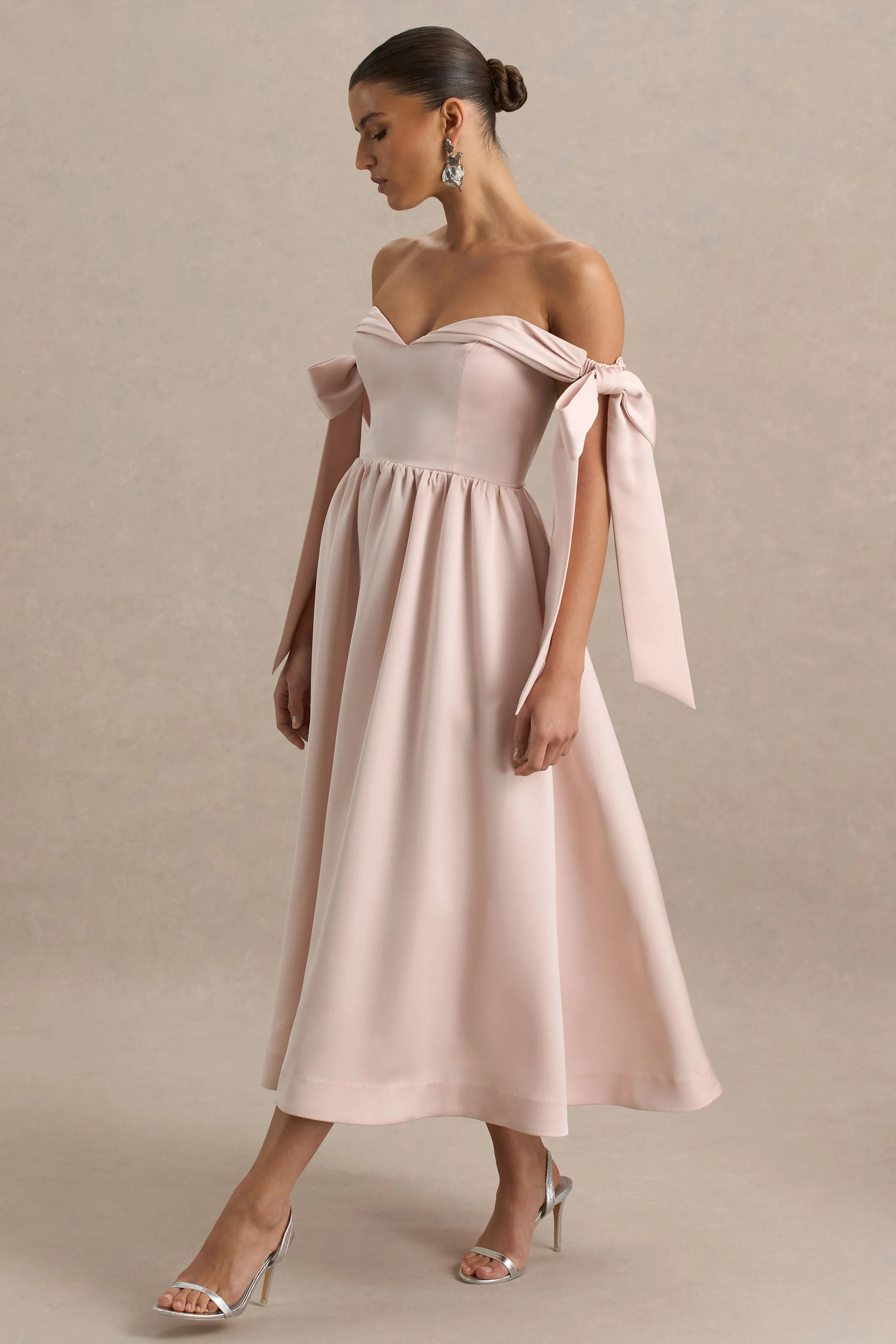 Agafay | Rose Pink Satin Short-Sleeve Bardot Wrap Midi Dress With Bow Detail - Image 3