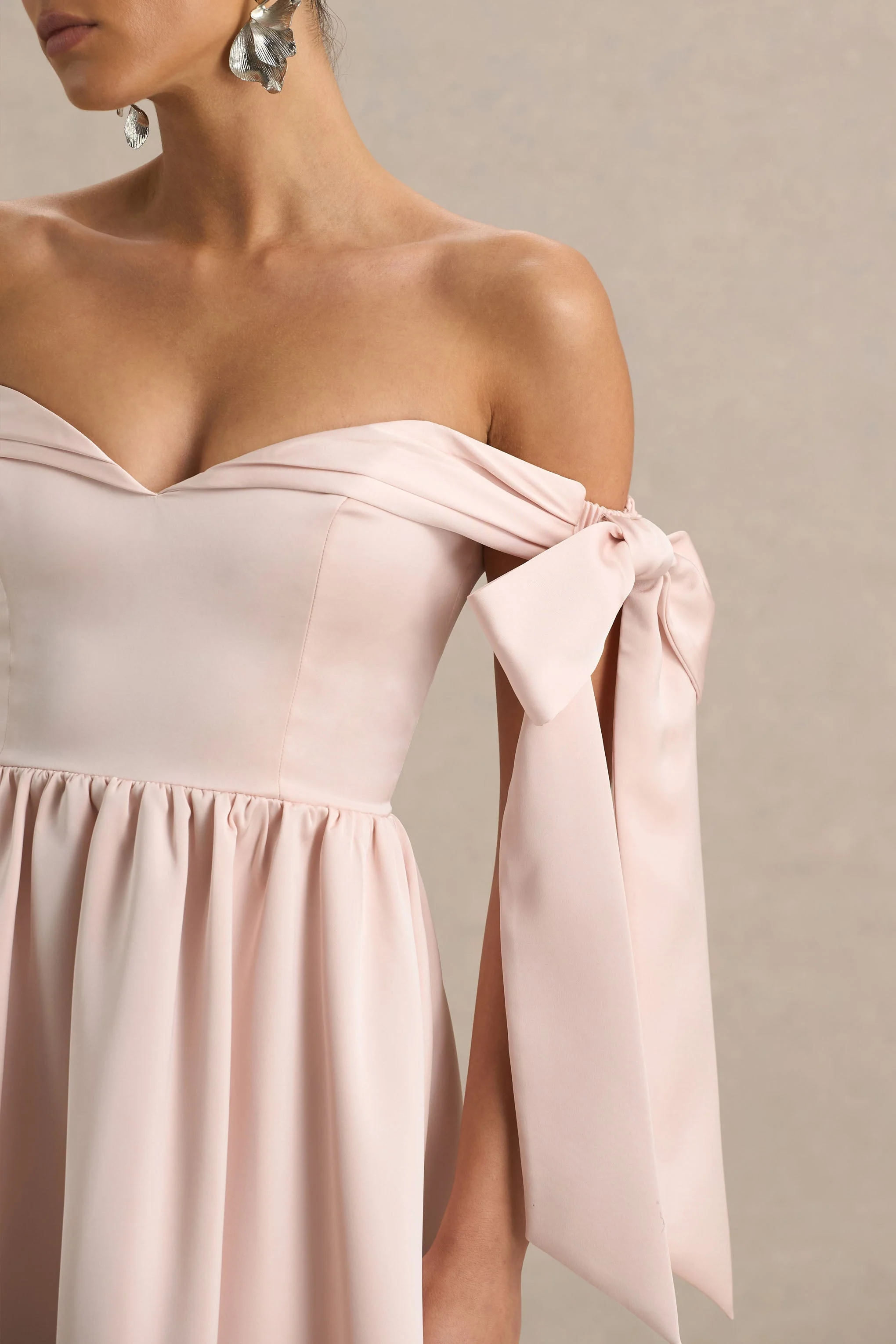 Agafay | Rose Pink Satin Short-Sleeve Bardot Wrap Midi Dress With Bow Detail - Image 4