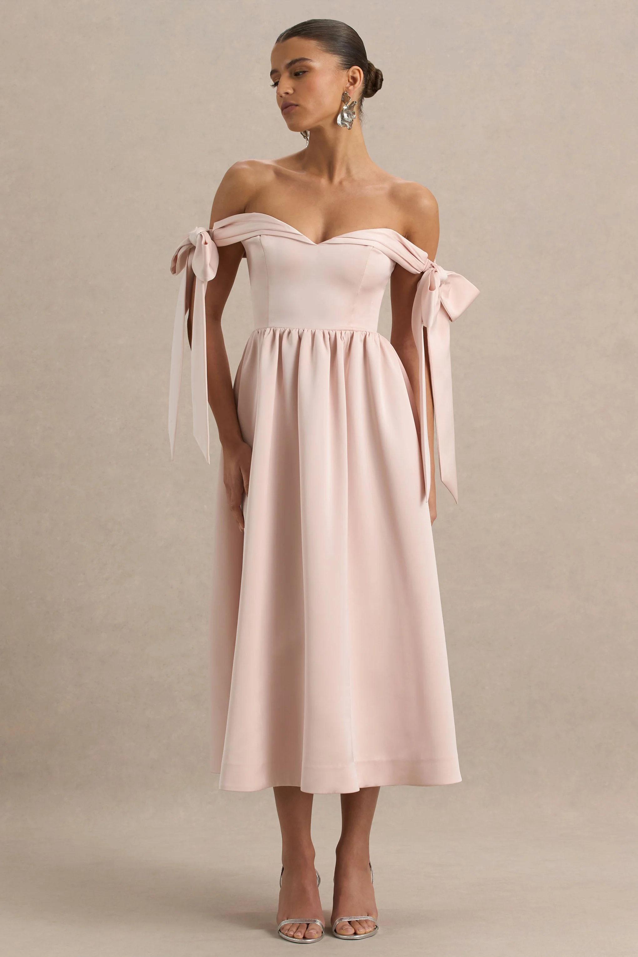 Agafay | Rose Pink Satin Short-Sleeve Bardot Wrap Midi Dress With Bow Detail - Image 5