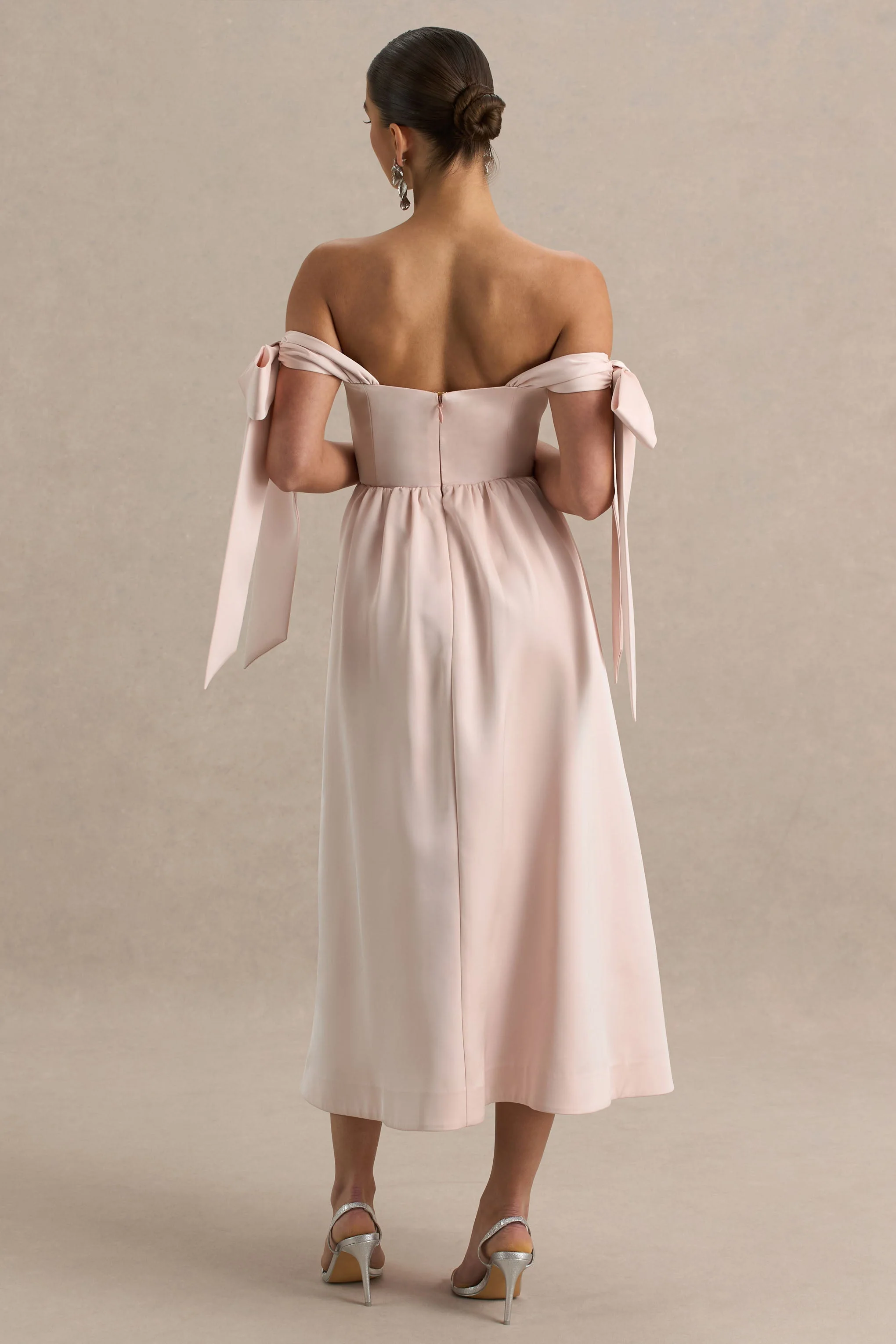 Agafay | Rose Pink Satin Short-Sleeve Bardot Wrap Midi Dress With Bow Detail - Image 6