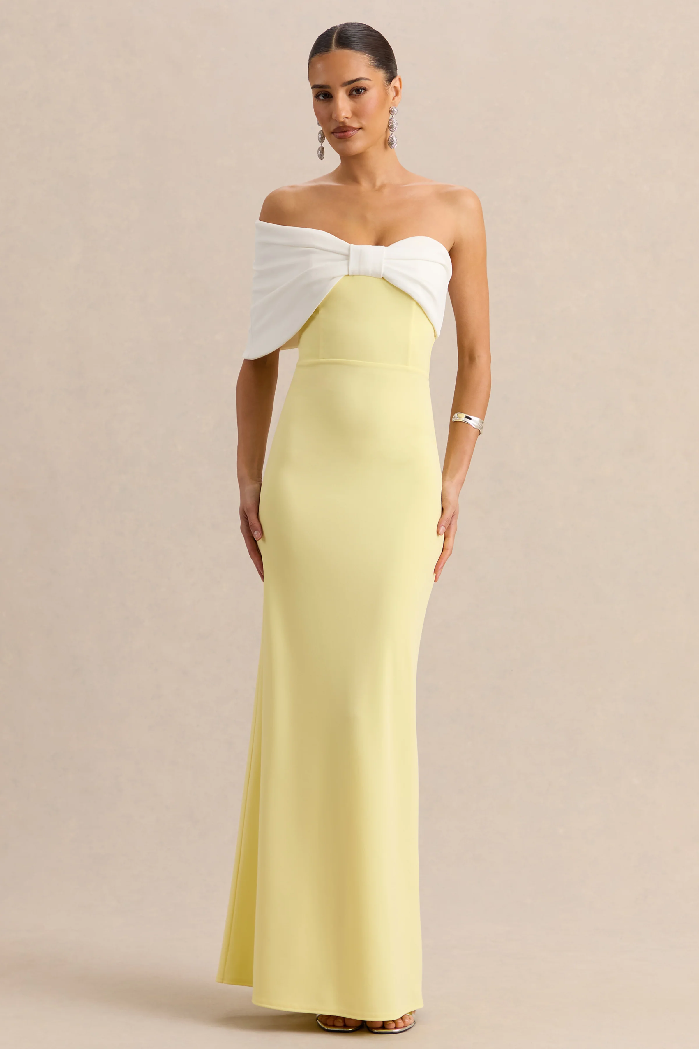 Agatha | Lemon & White Bow Bardot-Neck Maxi Dress