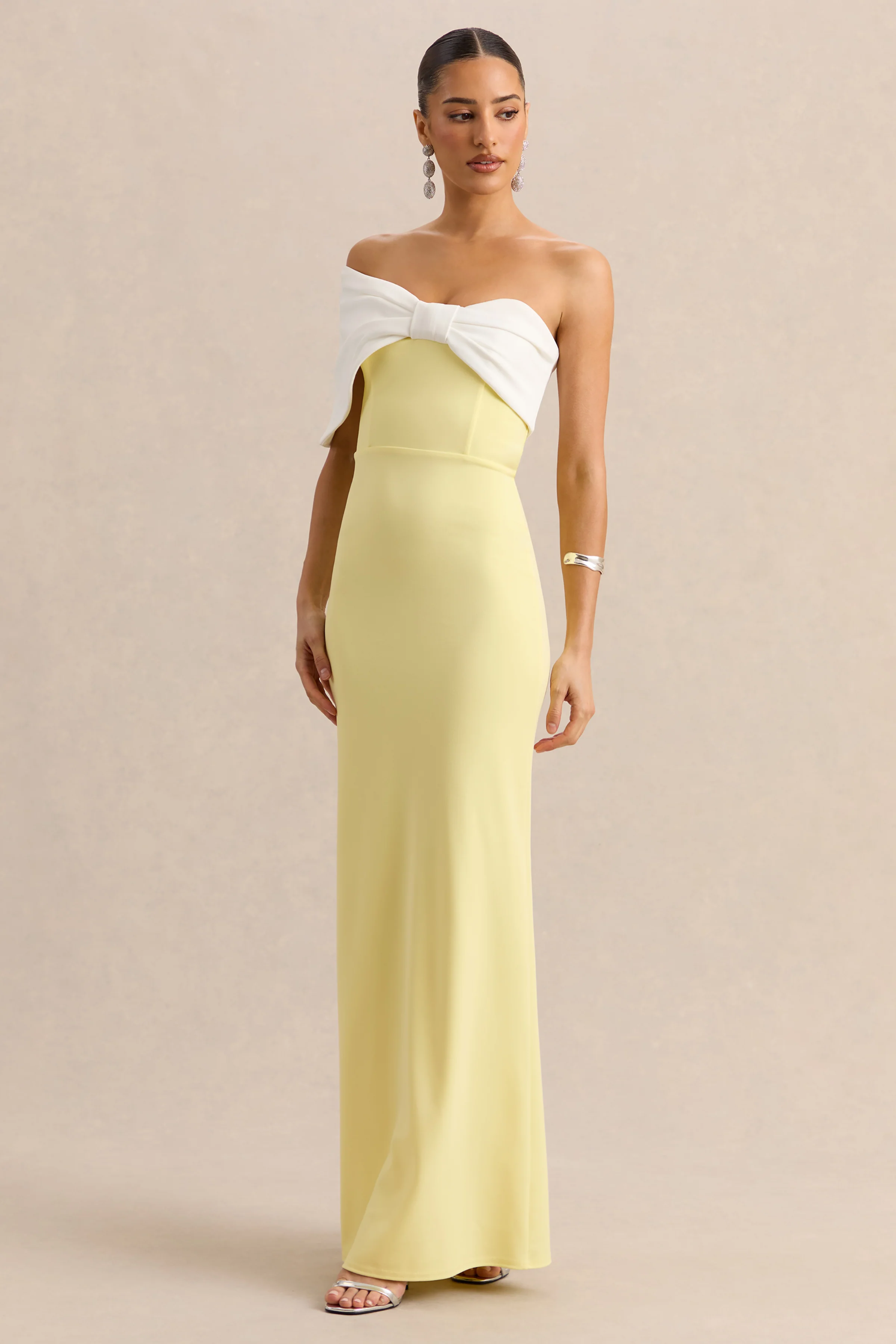 Agatha | Lemon & White Bow Bardot-Neck Maxi Dress - Image 5