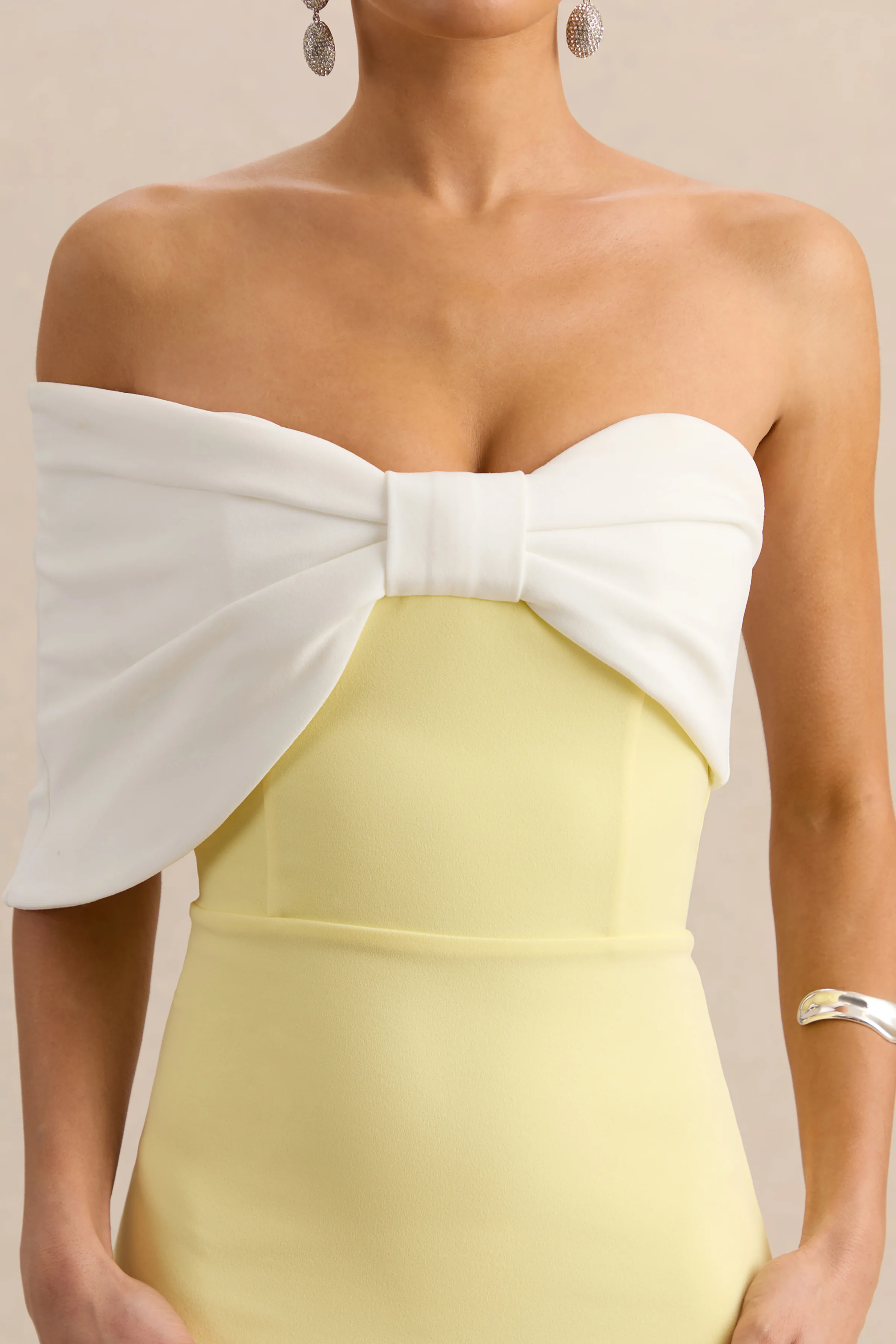 Agatha | Lemon & White Bow Bardot-Neck Maxi Dress - Image 6