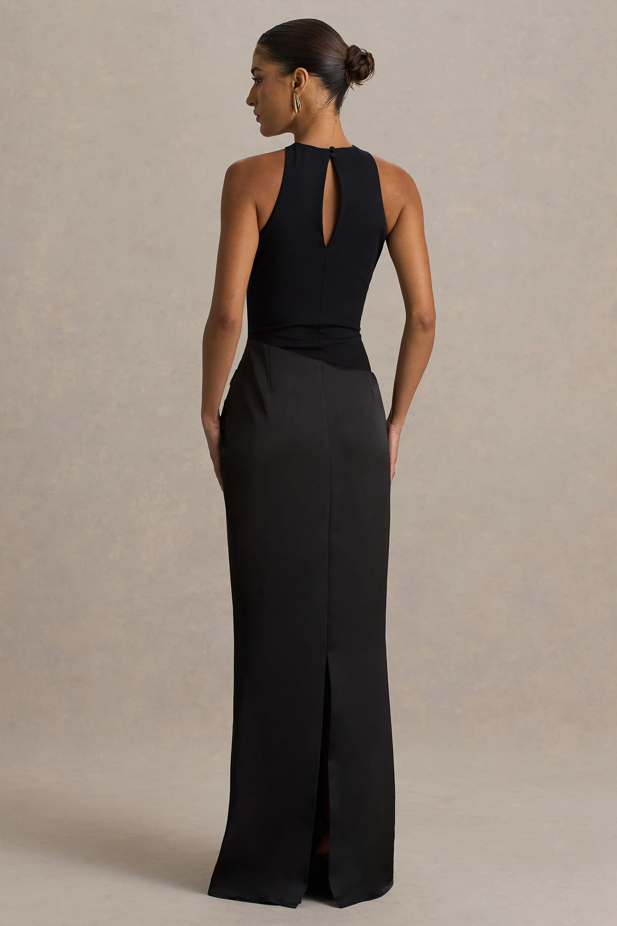 Akari | Black Crew-Neck Maxi Dress With Satin Skirt - Image 2