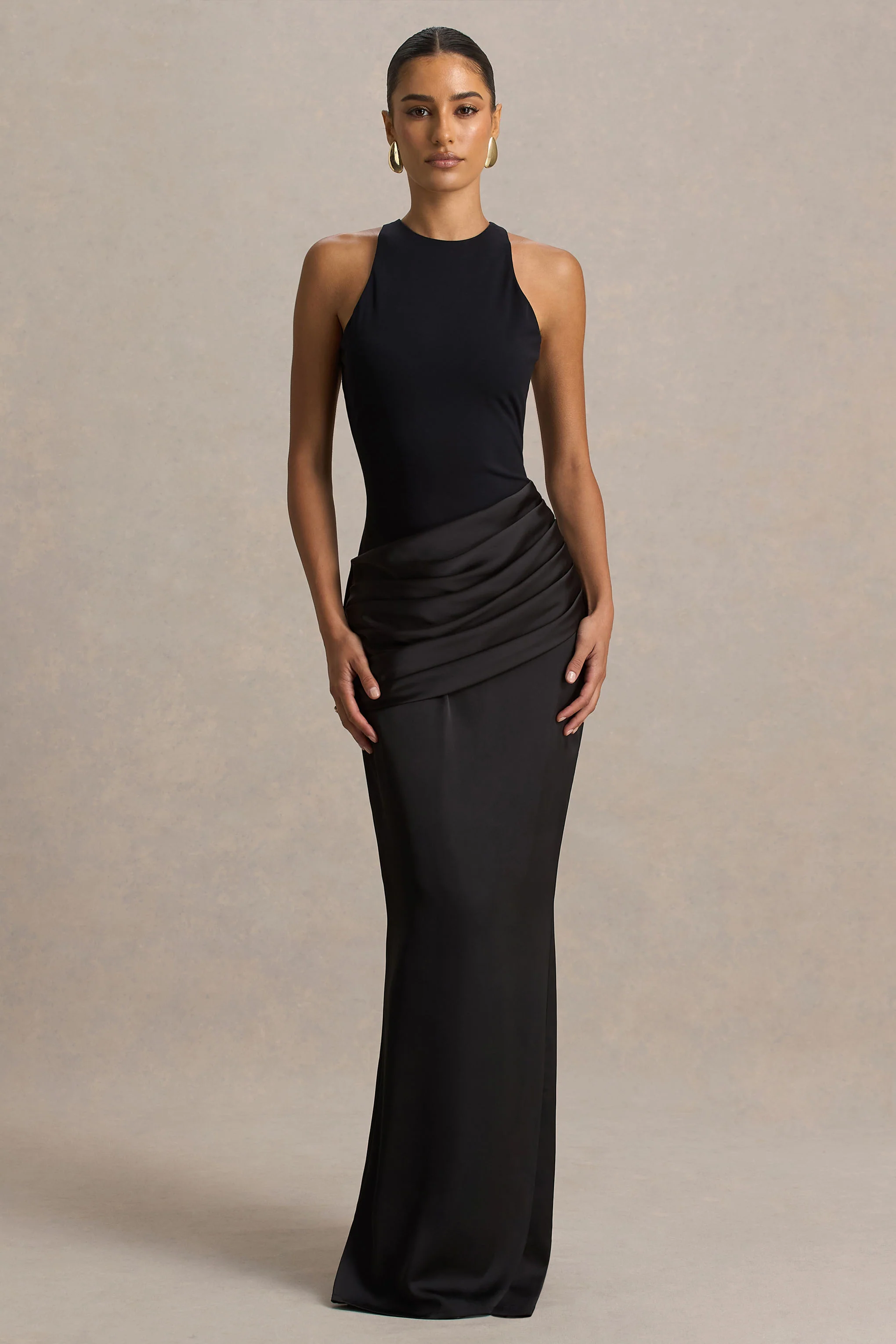 Akari | Black Crew-Neck Maxi Dress With Satin Skirt - Image 5