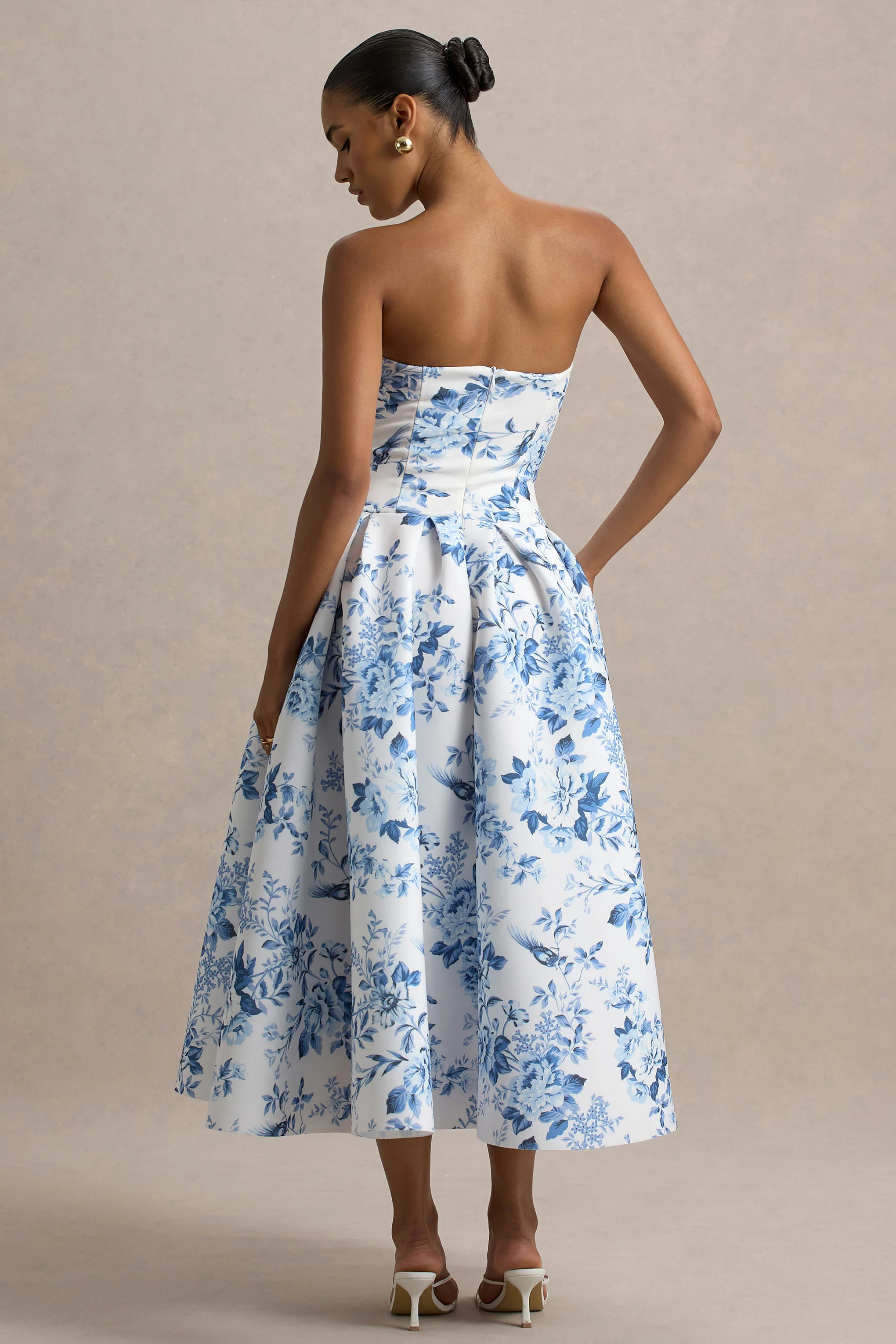 Alaina | Blue Porcelain Print Bandeau Midi Dress With Volume Skirt - Image 2