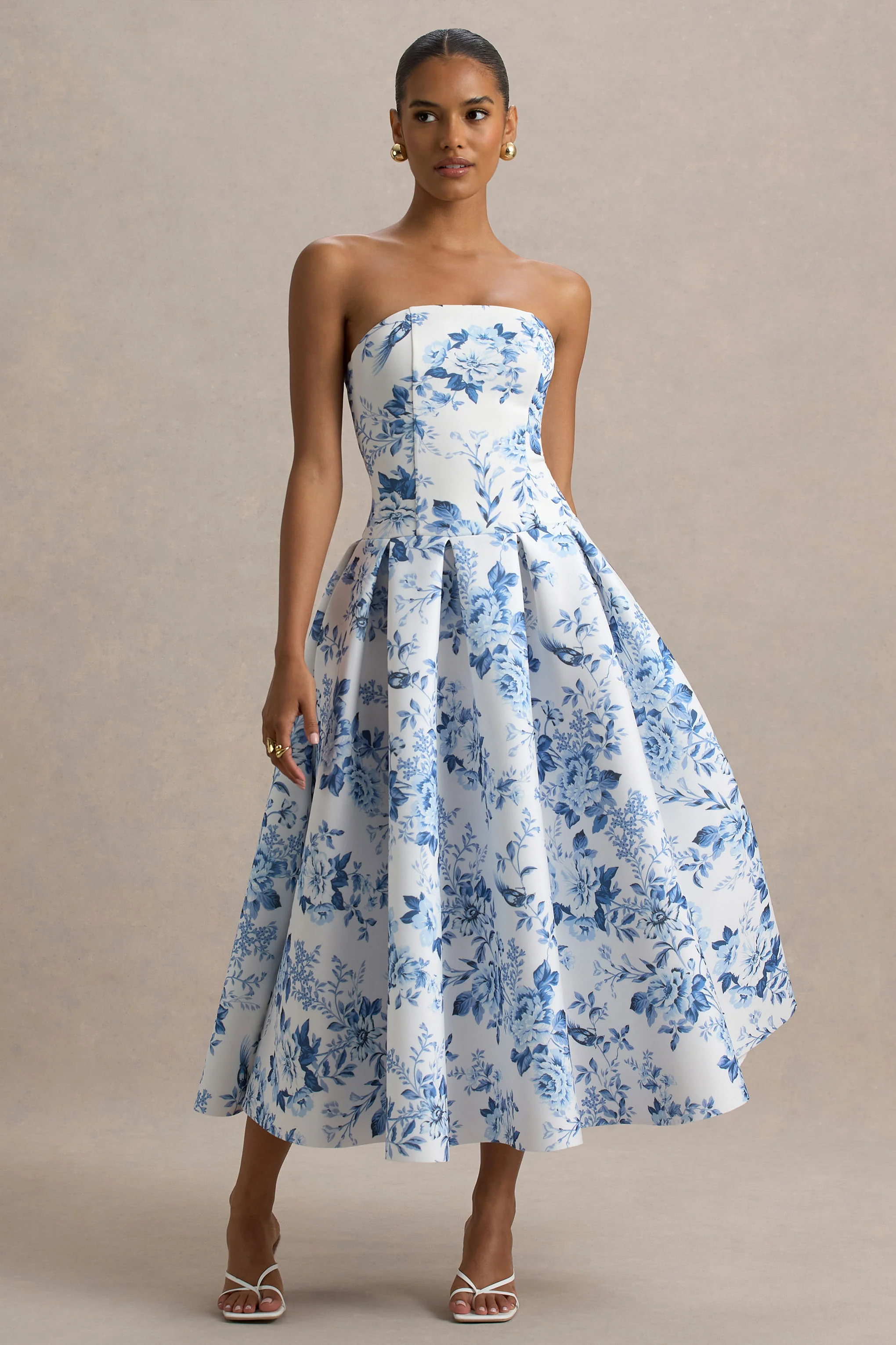 Alaina | Blue Porcelain Print Bandeau Midi Dress With Volume Skirt - Image 3