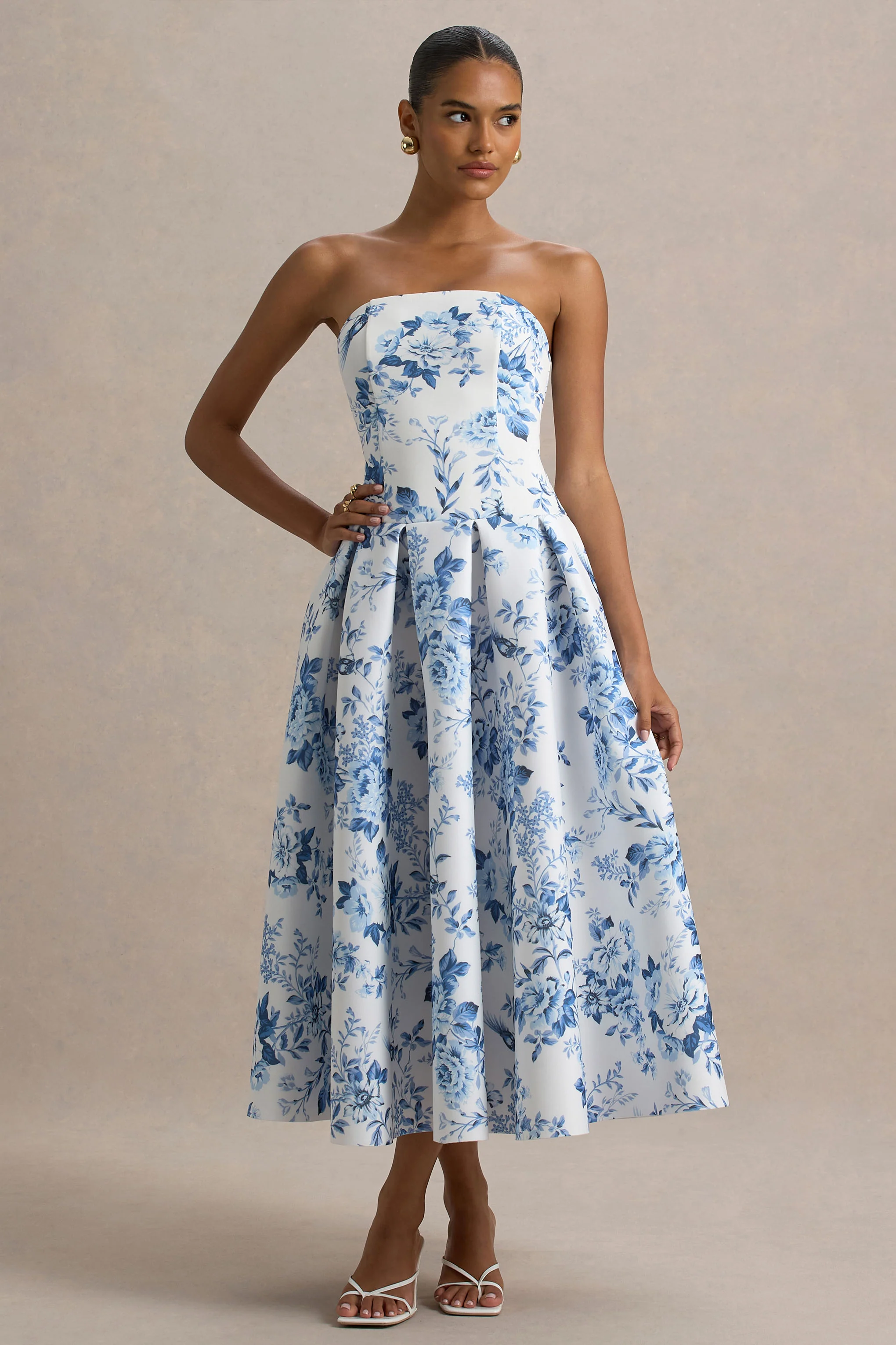 Alaina | Blue Porcelain Print Bandeau Midi Dress With Volume Skirt - Image 4