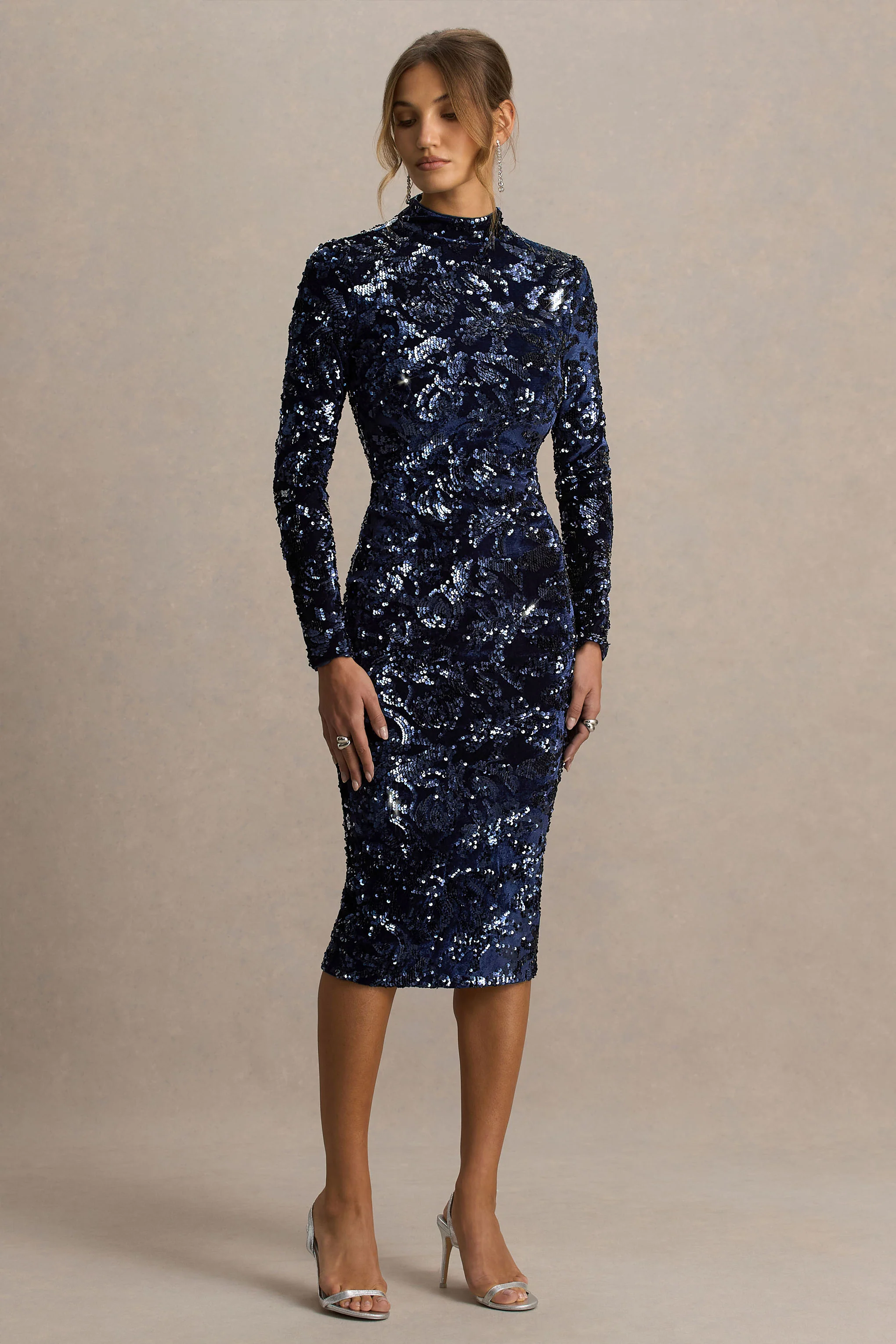 Alanita | Navy Velvet And Sequin Embellished High-Neck Midi Dress With Long Sleeves - Image 5