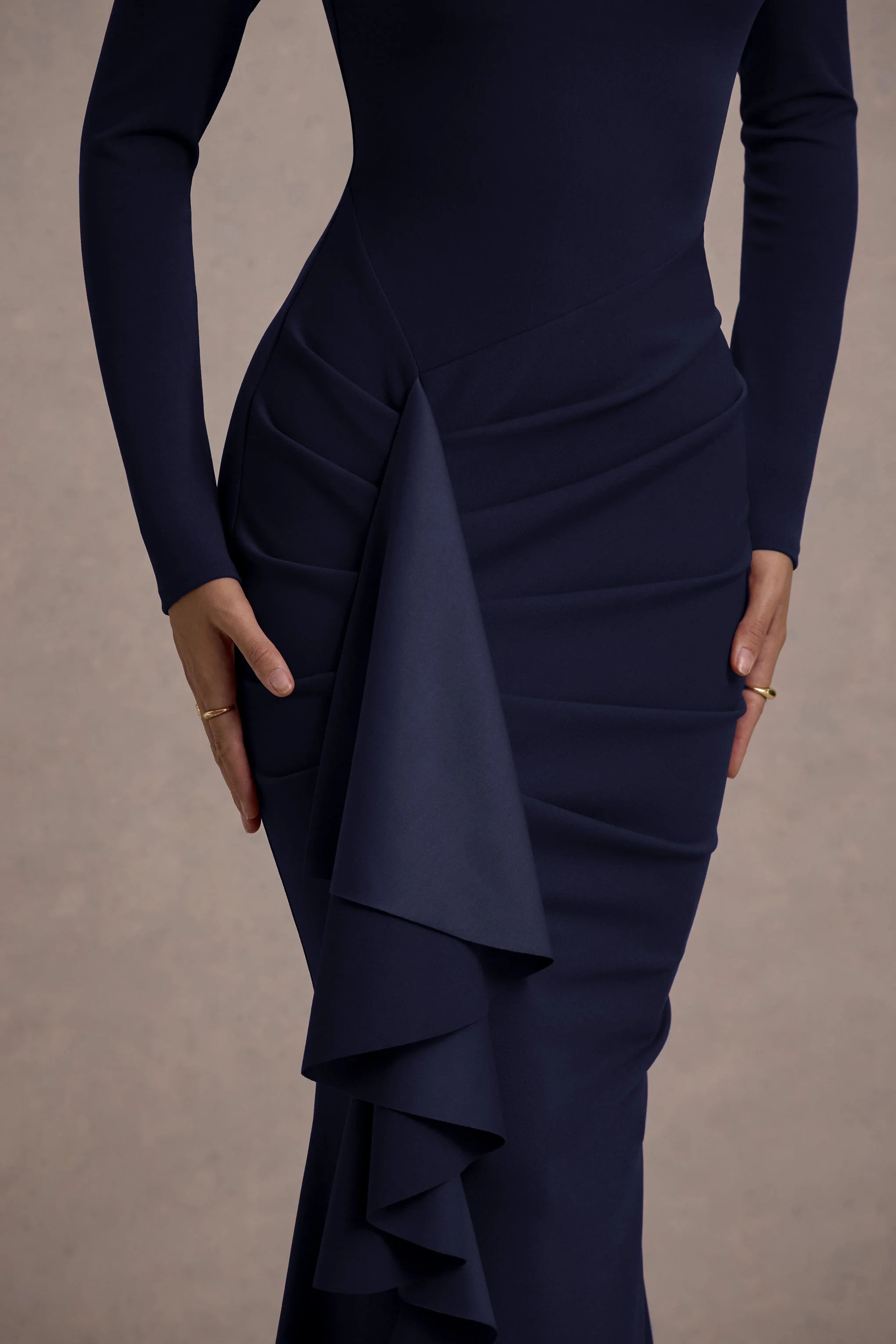 Alayna | Navy Long-Sleeve Maxi Dress With Ruffled Split - Image 4
