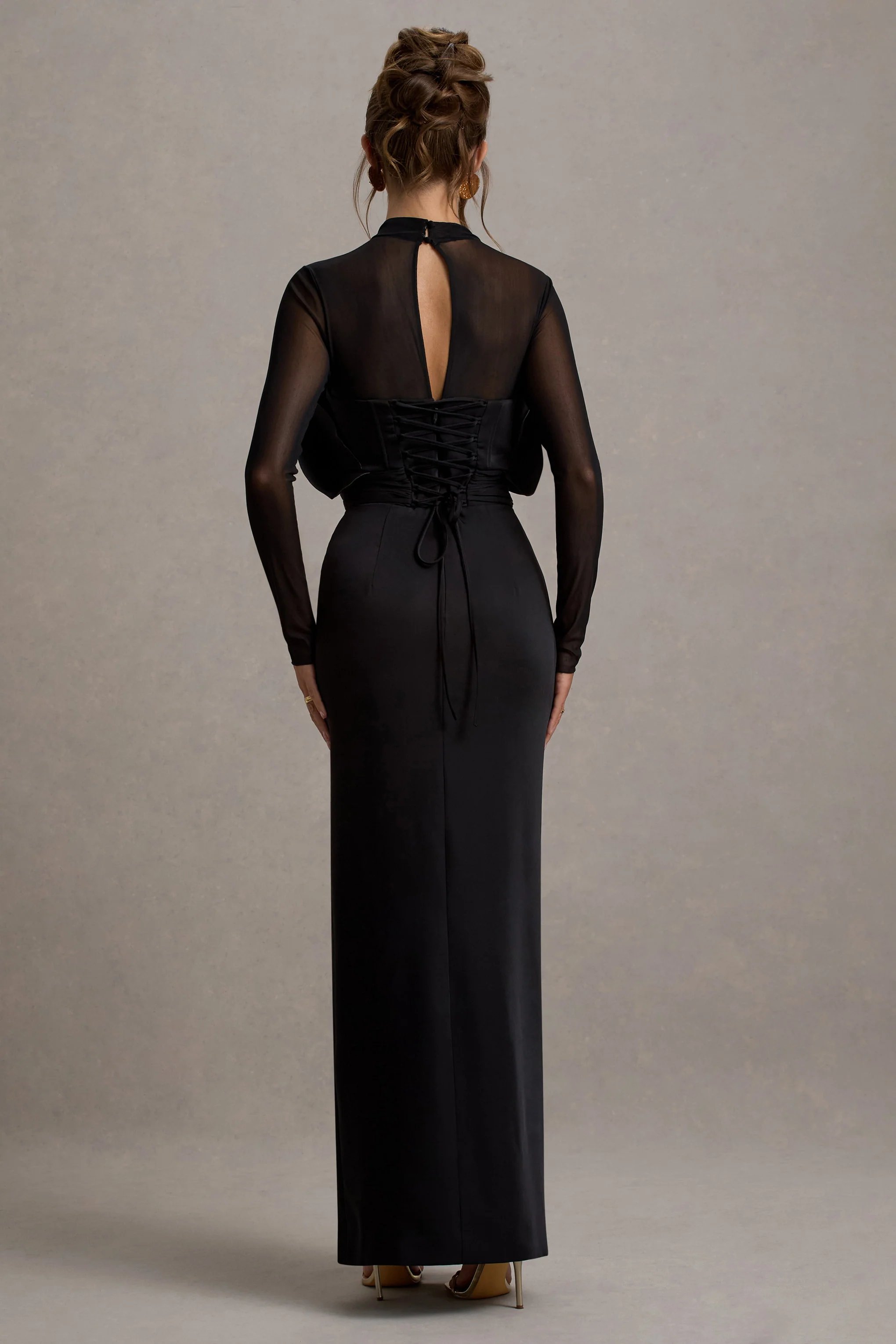 Alder | Black Mesh Long-Sleeve Ruffled Split Maxi Dress - Image 2