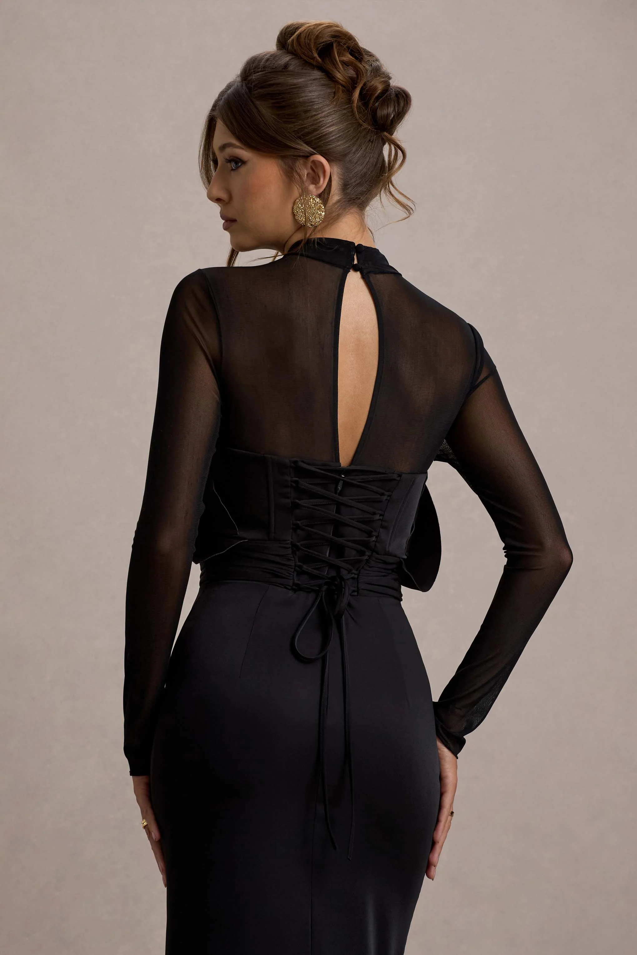 Alder | Black Mesh Long-Sleeve Ruffled Split Maxi Dress - Image 4