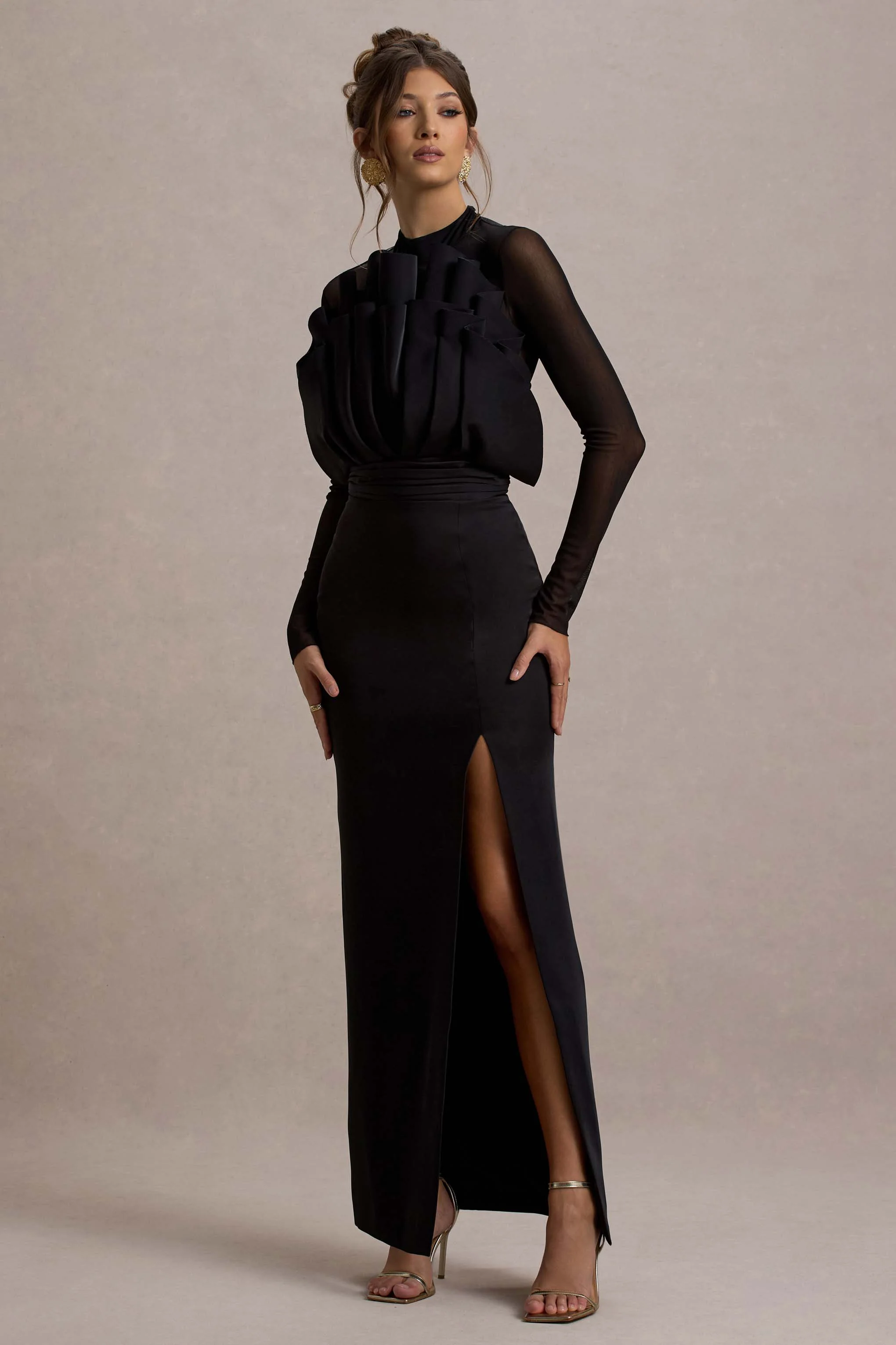 Alder | Black Mesh Long-Sleeve Ruffled Split Maxi Dress - Image 5
