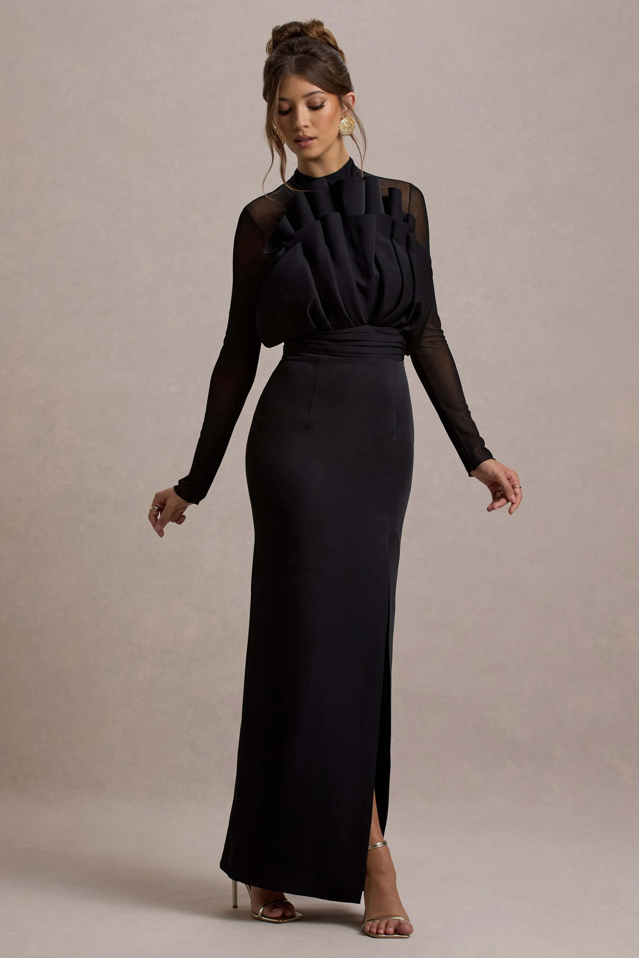 Alder | Black Mesh Long-Sleeve Ruffled Split Maxi Dress - Image 6