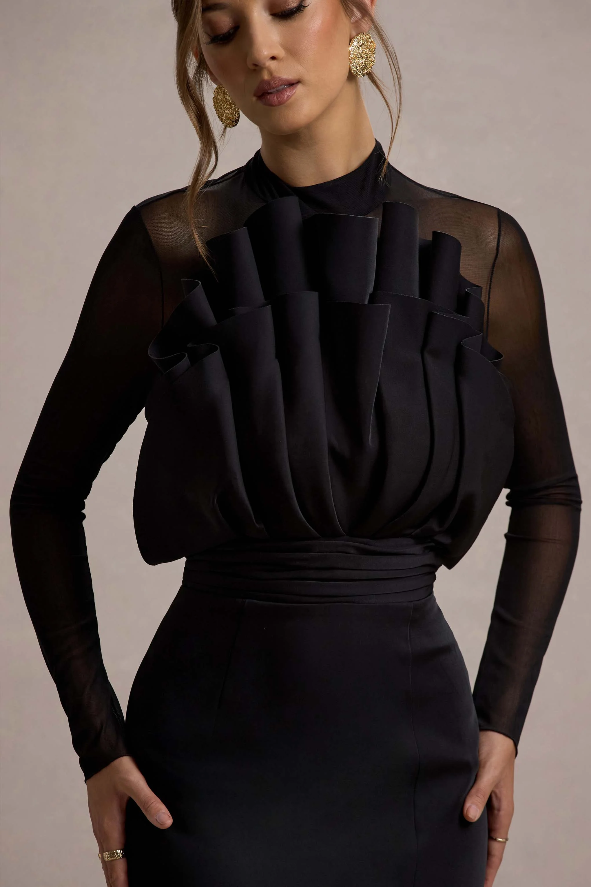 Alder | Black Mesh Long-Sleeve Ruffled Split Maxi Dress - Image 7