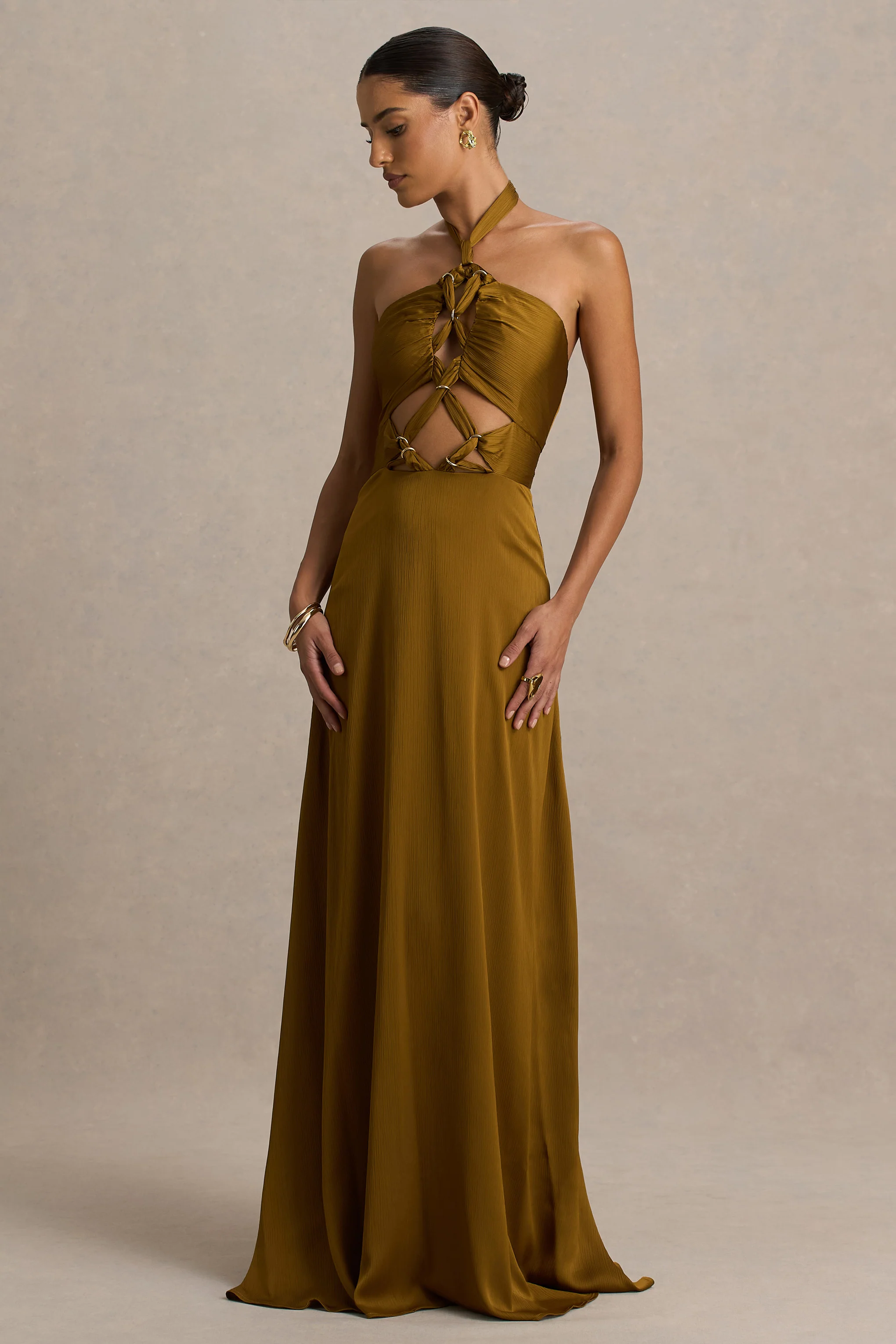 Aleera | Olive Chiffon Halter-Neck Maxi Dress With Cut-Out Detail - Image 3