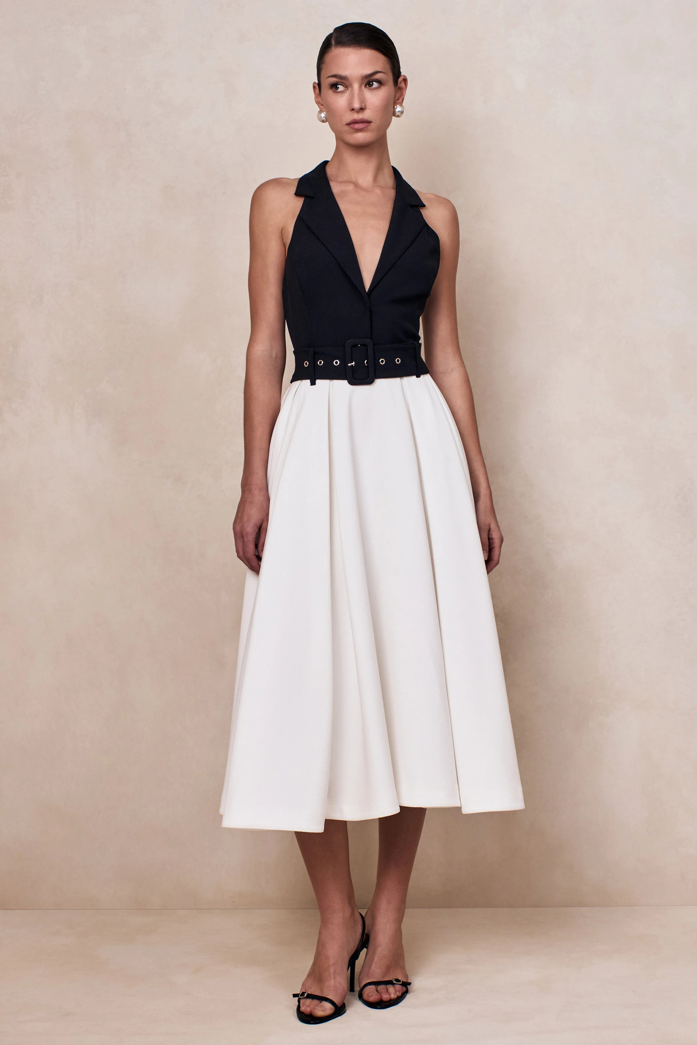 Alessa | Black & White Plunge-Neck Tailored Midi Dress - Image 3