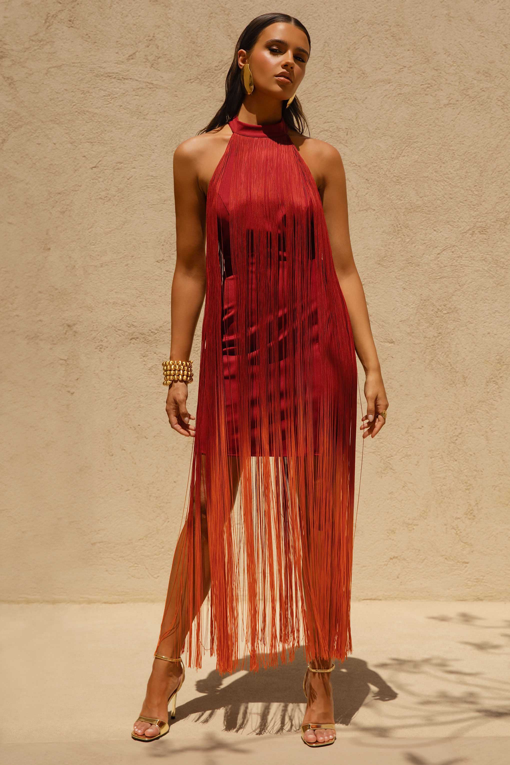 Alessia | Orange Ombre Fringe High-Neck Maxi Dress - Image 2
