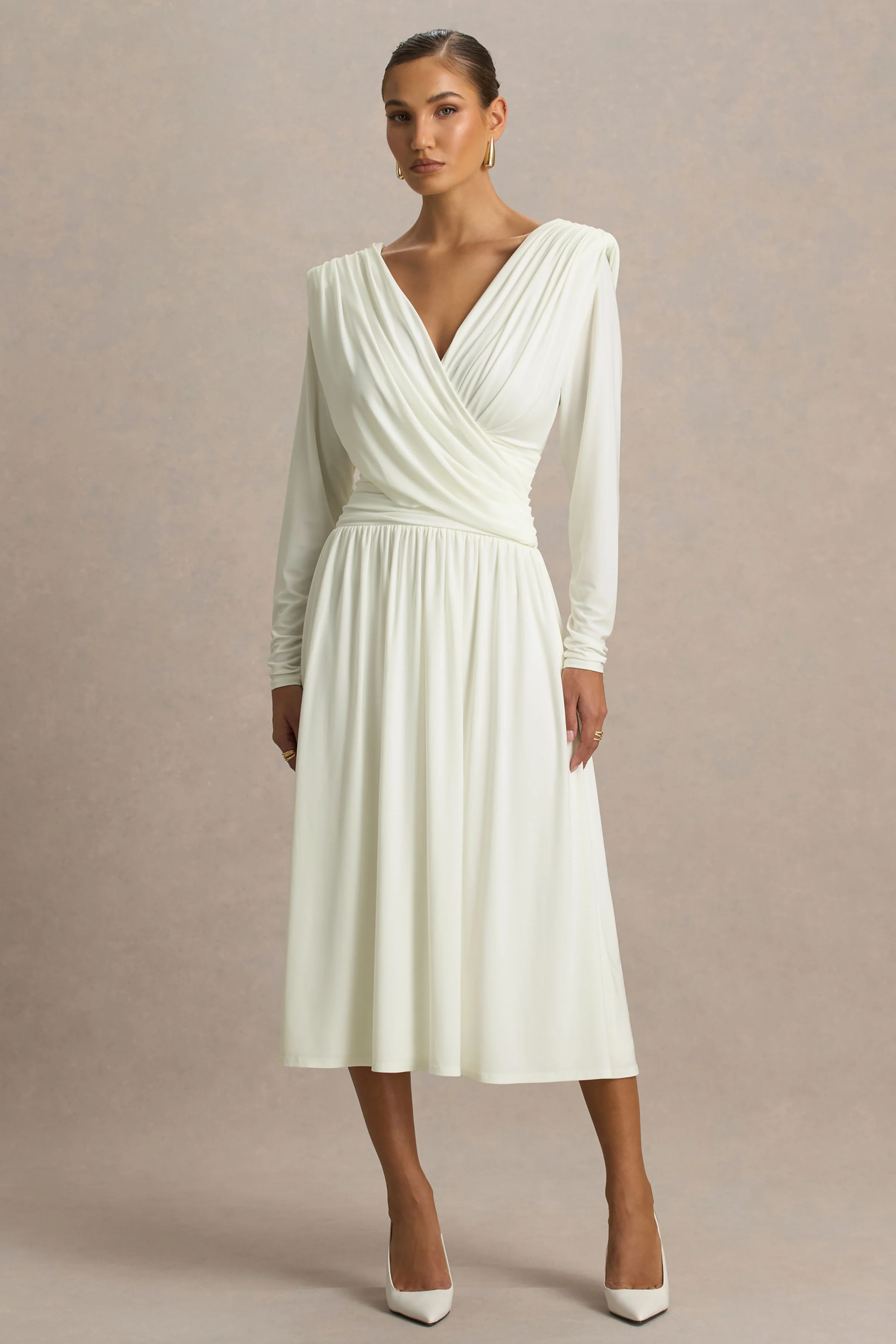 Alexis | Cream Plunge-Neck Midi Dress With Draped And Ruched Detailing - Image 7